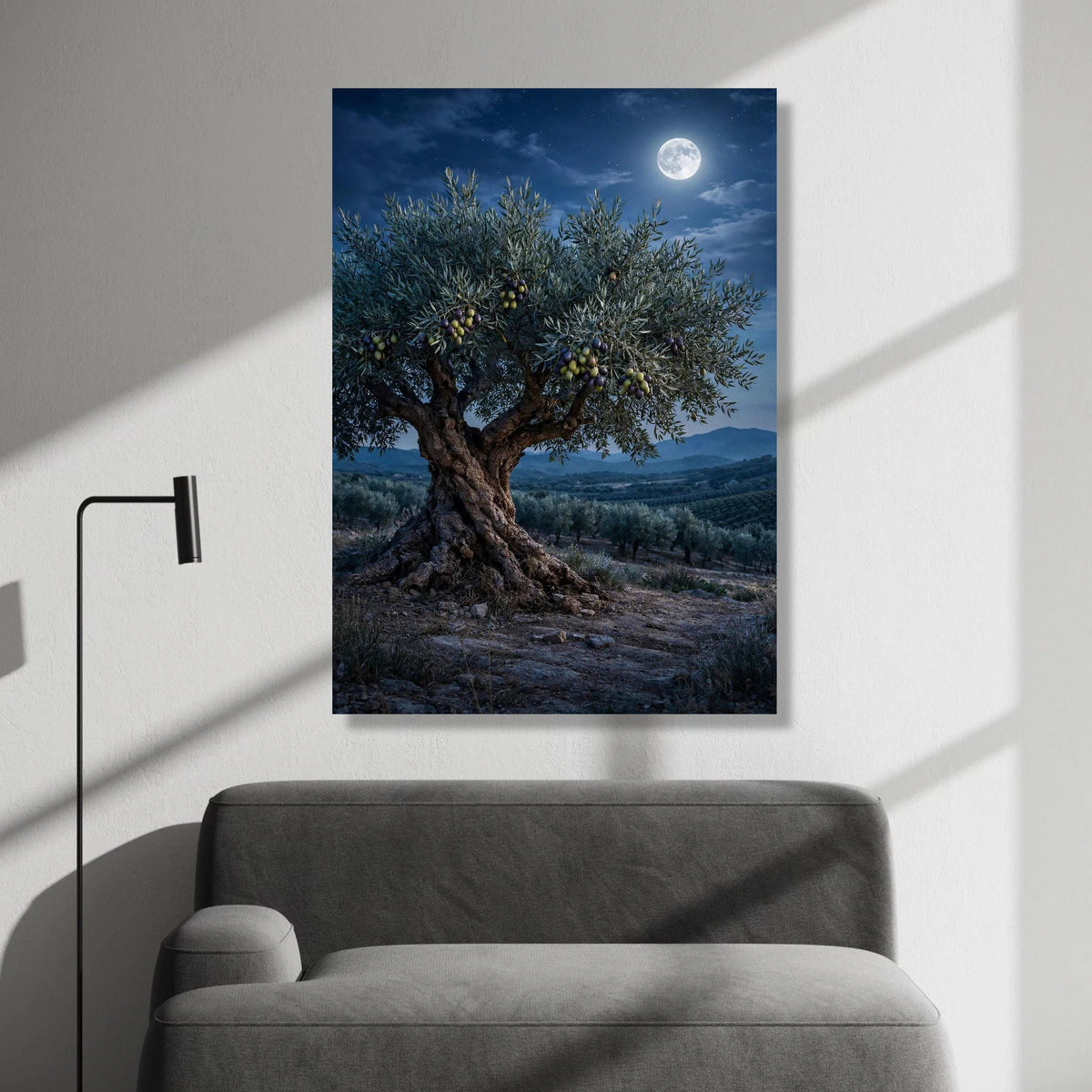 Moonlit Olive Tree Canvas, Rustic Landscape Wall Art, Night Sky Nature Scene, Mediterranean Country Decor, Harvest Season Canvas Print Art