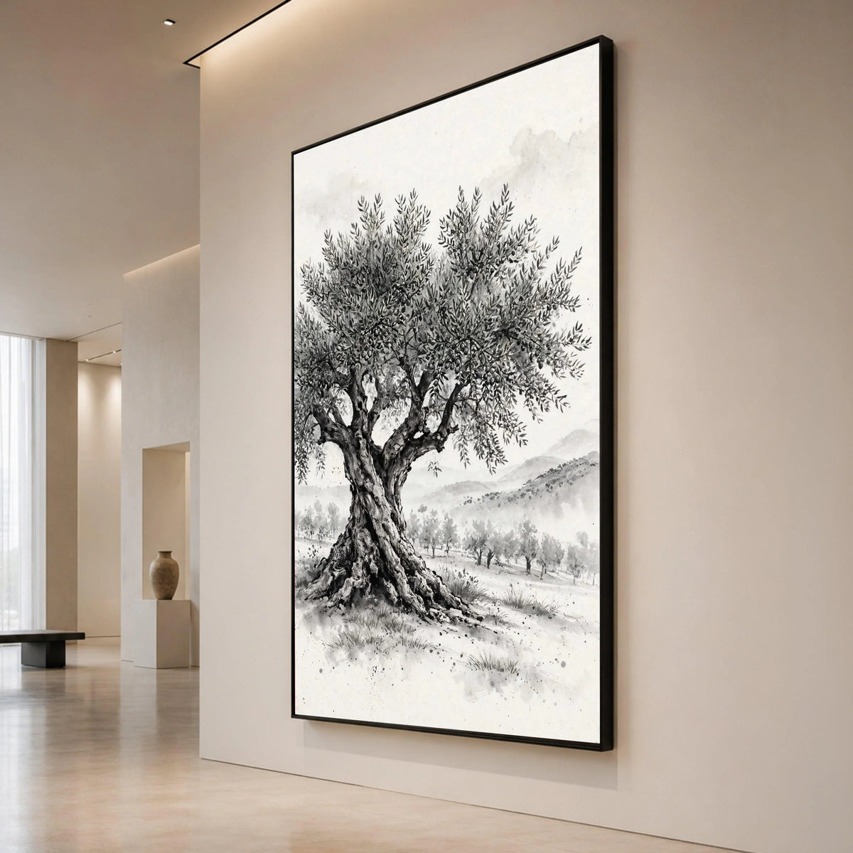 Majestic Olive Tree Canvas Wall Art, Black and White Landscape Painting, Rustic Nature Canvas, Mediterranean Tree Home Canvas Print Art