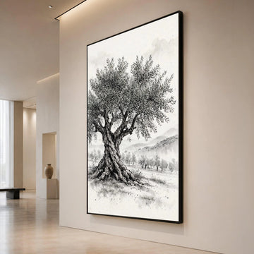 Majestic Olive Tree Canvas Wall Art, Black and White Landscape Painting, Rustic Nature Canvas, Mediterranean Tree Home Canvas Print Art