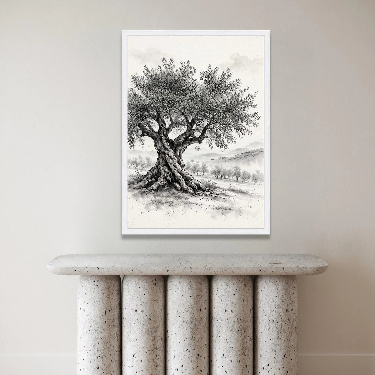 Majestic Olive Tree Canvas Wall Art, Black and White Landscape Painting, Rustic Nature Canvas, Mediterranean Tree Home Canvas Print Art