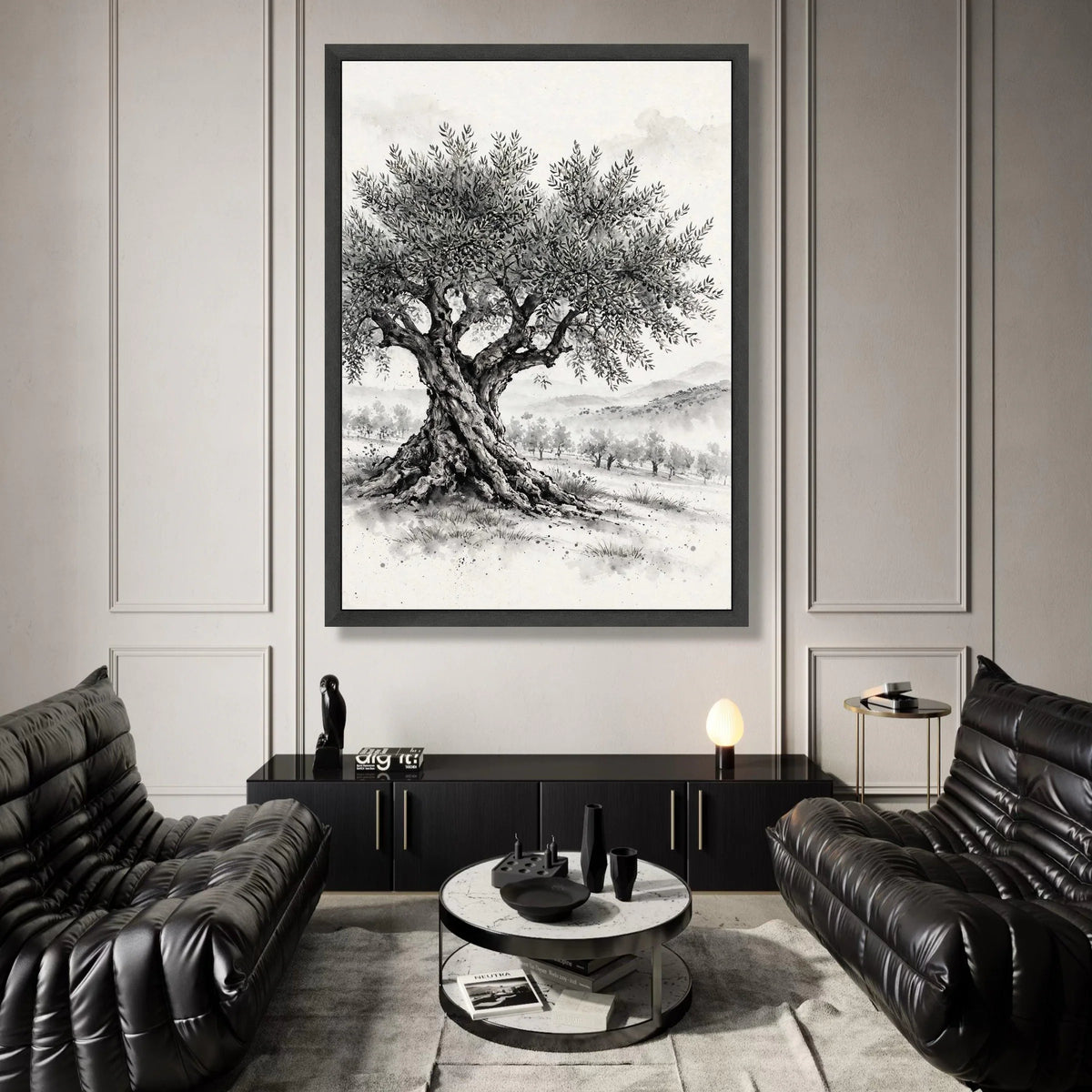 Majestic Olive Tree Canvas Wall Art, Black and White Landscape Painting, Rustic Nature Canvas, Mediterranean Tree Home Canvas Print Art