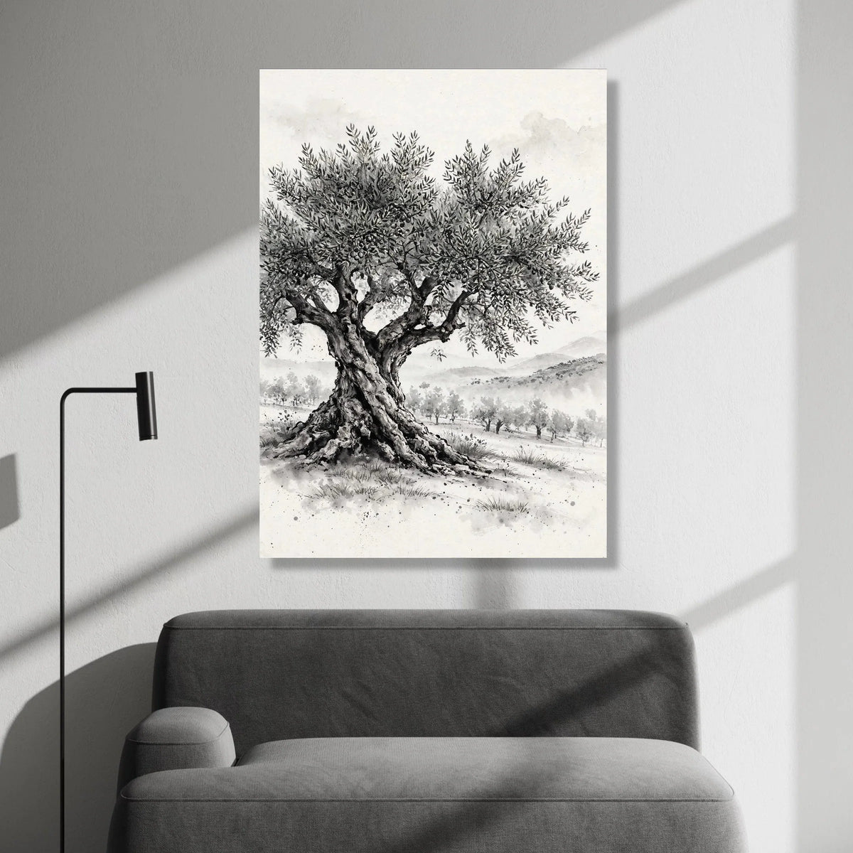 Majestic Olive Tree Canvas Wall Art, Black and White Landscape Painting, Rustic Nature Canvas, Mediterranean Tree Home Canvas Print Art