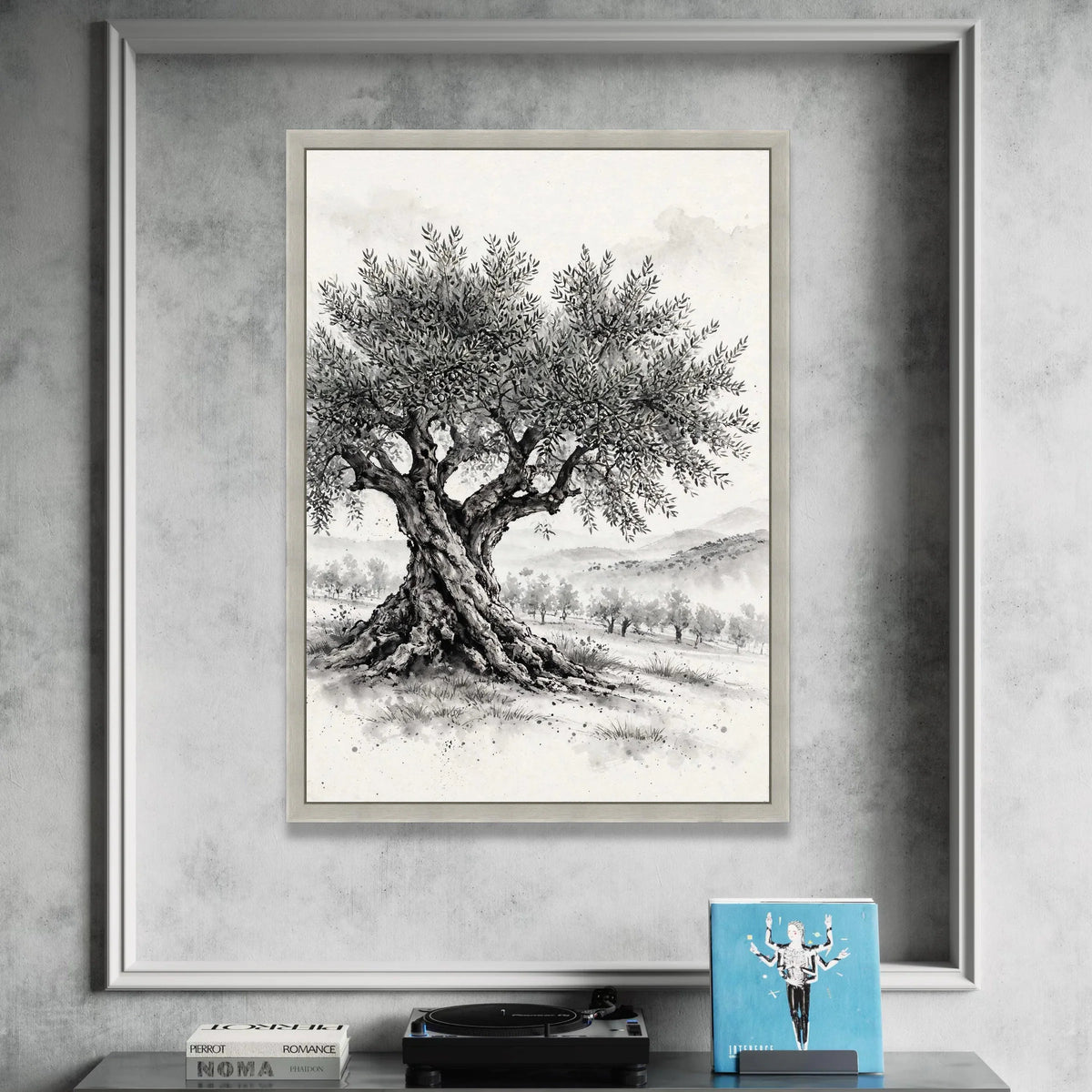 Majestic Olive Tree Canvas Wall Art, Black and White Landscape Painting, Rustic Nature Canvas, Mediterranean Tree Home Canvas Print Art