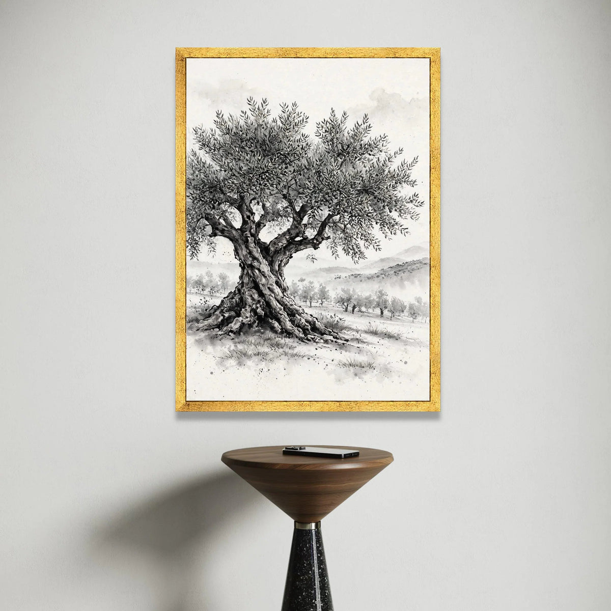 Majestic Olive Tree Canvas Wall Art, Black and White Landscape Painting, Rustic Nature Canvas, Mediterranean Tree Home Canvas Print Art