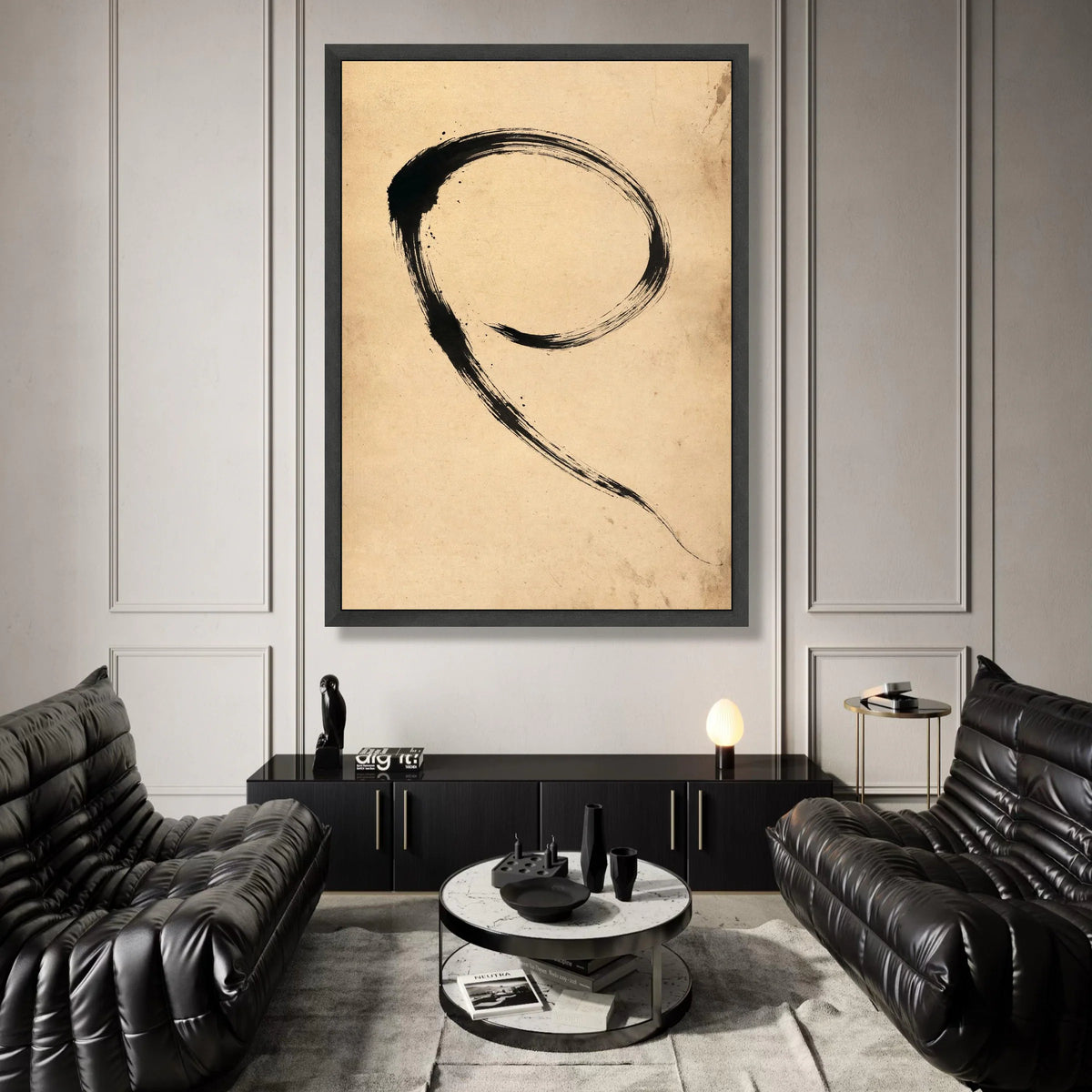 Minimalist Brush Stroke Canvas, Zen Circle Wall Art, Asian Modern Decor, Abstract Black Ink Canvas, Calm Home Decoration Canvas Print Art