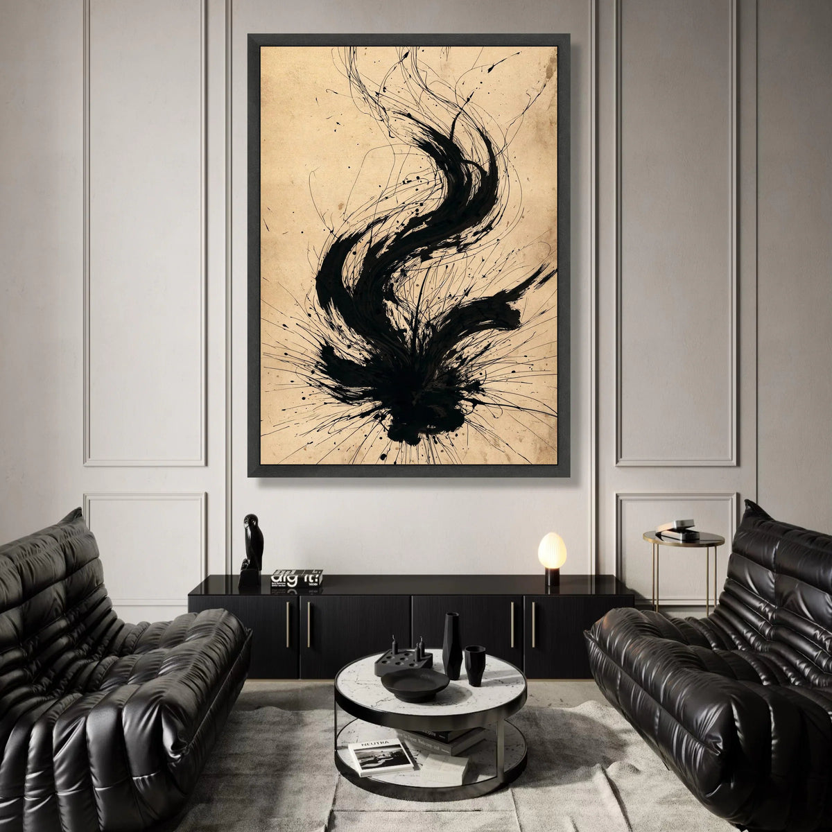 Dynamic Black Ink Flow Canvas, Abstract Art Wall Decor, Modern Minimalist Painting, Contemporary Canvas for Living Room, Canvas Print Art