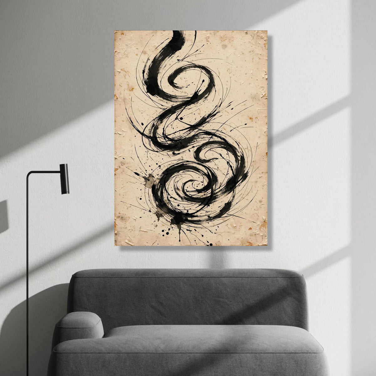 Abstract Black Swirl Canvas, Calligraphy Ink Design, Vintage Paper Style Wall Art, Modern Minimalist Decoration, Ready to Canvas Print Art