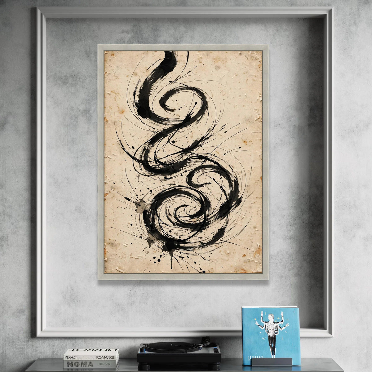 Abstract Black Swirl Canvas, Calligraphy Ink Design, Vintage Paper Style Wall Art, Modern Minimalist Decoration, Ready to Canvas Print Art