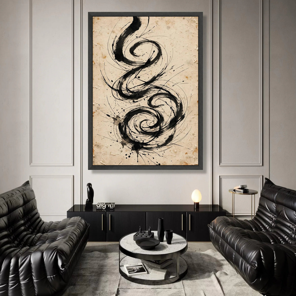 Abstract Black Swirl Canvas, Calligraphy Ink Design, Vintage Paper Style Wall Art, Modern Minimalist Decoration, Ready to Canvas Print Art