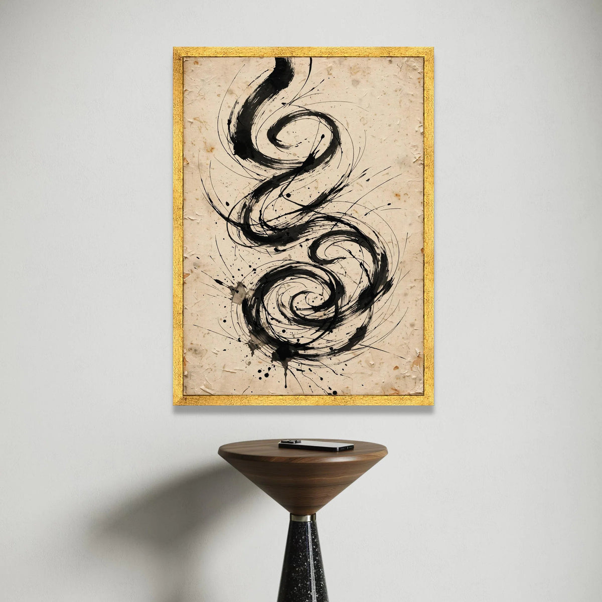 Abstract Black Swirl Canvas, Calligraphy Ink Design, Vintage Paper Style Wall Art, Modern Minimalist Decoration, Ready to Canvas Print Art