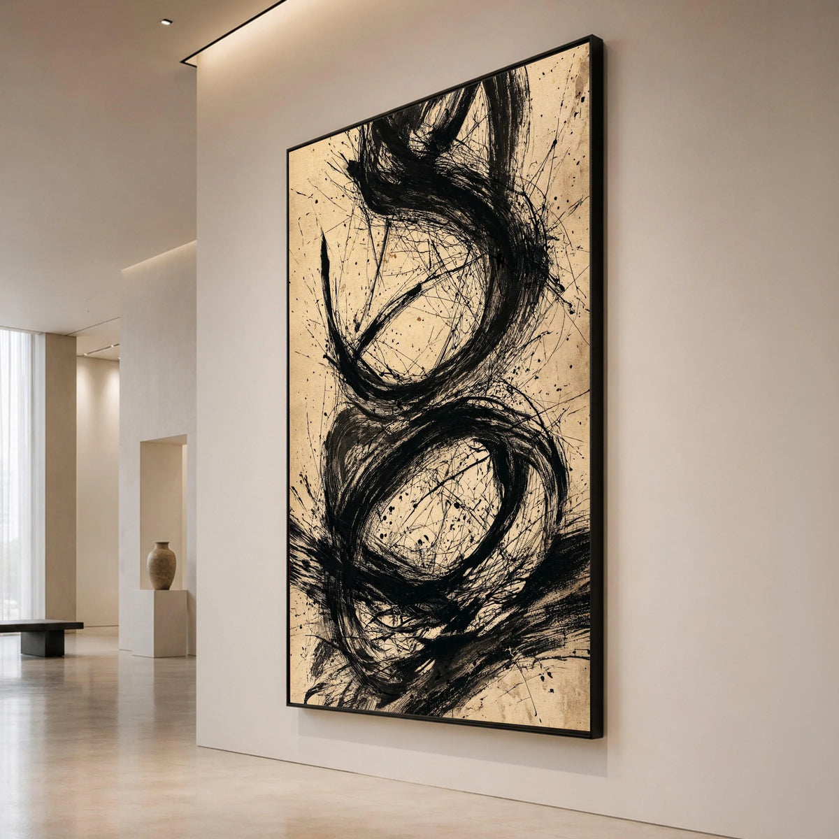 Bold Black Swirls Abstract Canvas, Modern Minimalist Wall Art, Contemporary Ink Painting on Beige, Artistic Home Decor Canvas Print Art
