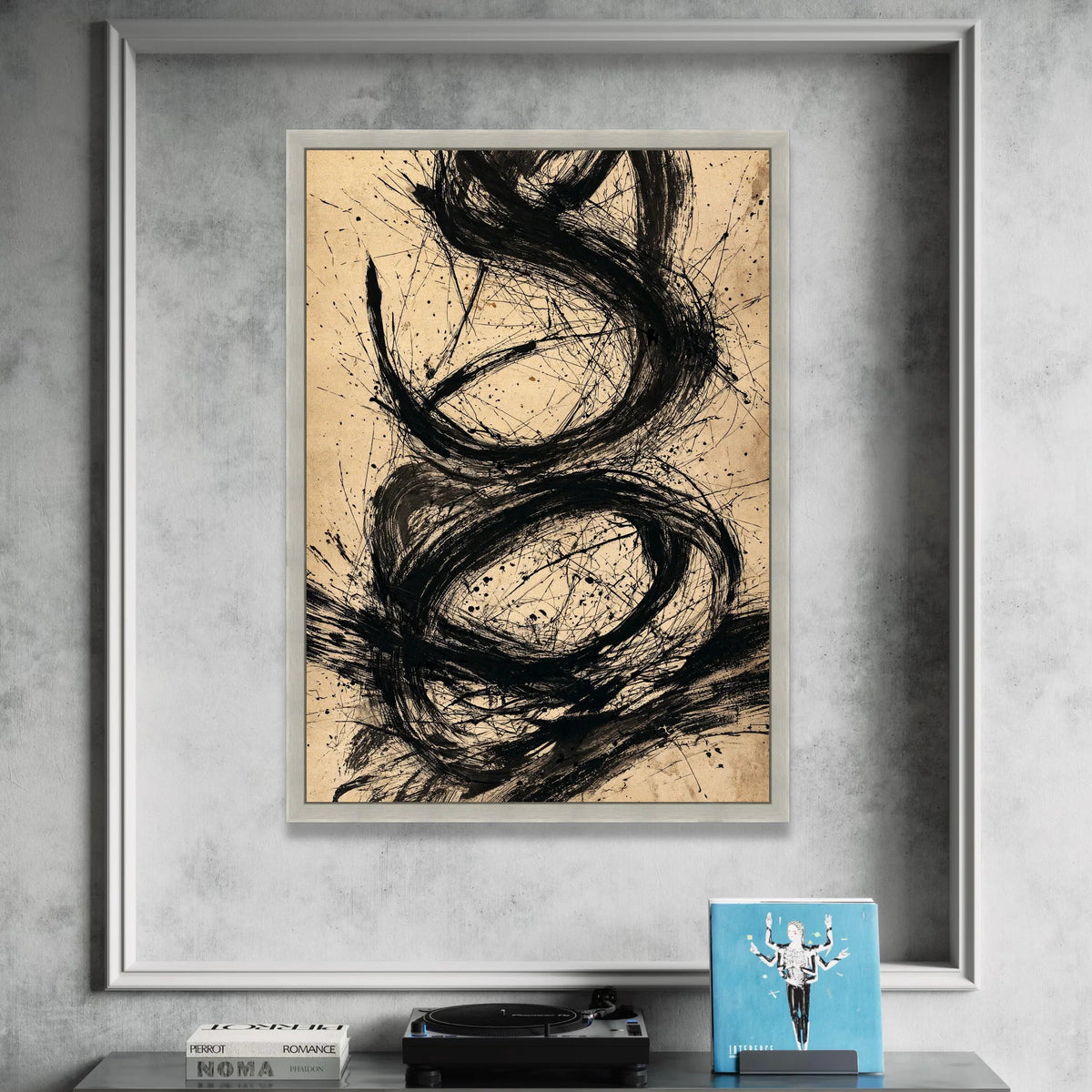 Bold Black Swirls Abstract Canvas, Modern Minimalist Wall Art, Contemporary Ink Painting on Beige, Artistic Home Decor Canvas Print Art