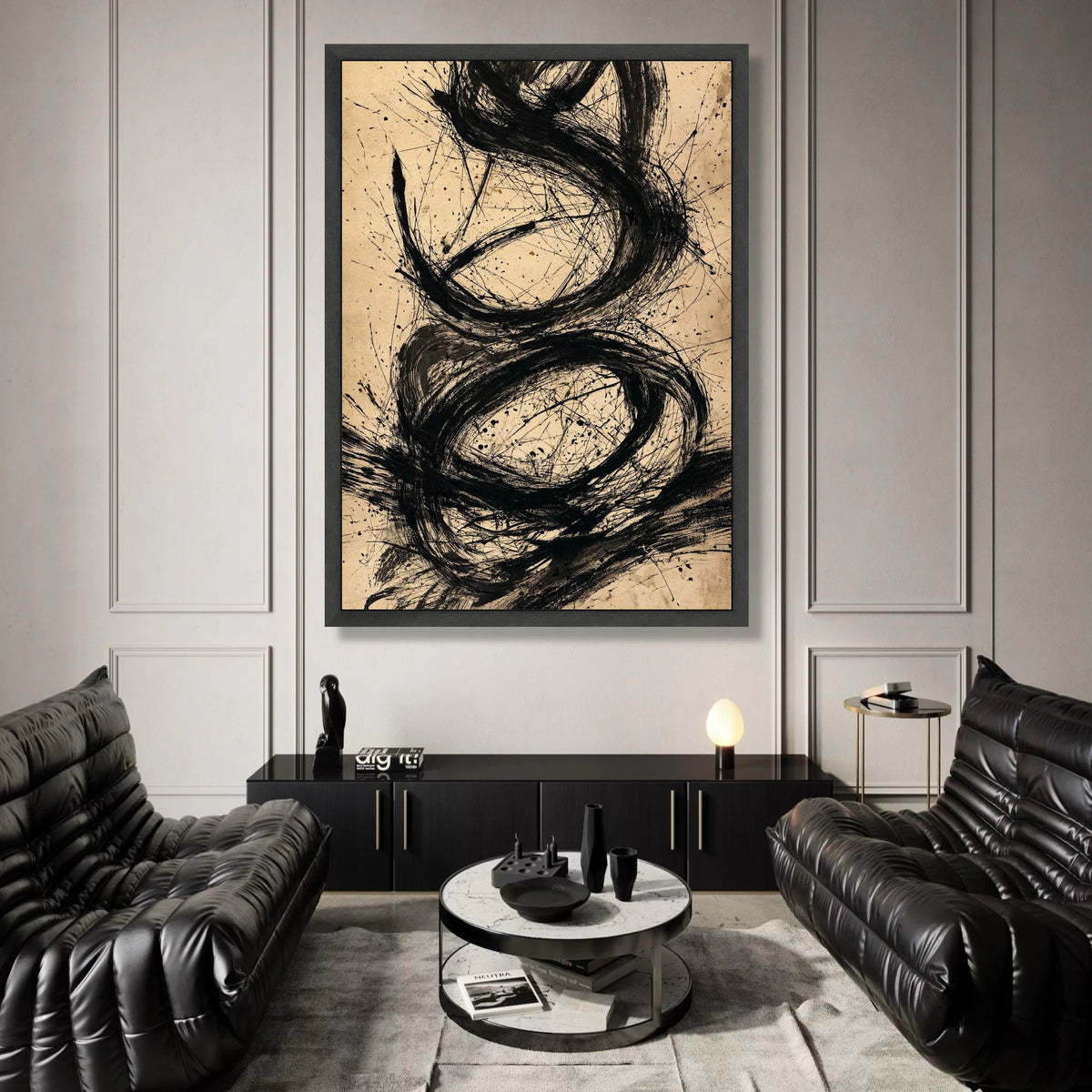 Bold Black Swirls Abstract Canvas, Modern Minimalist Wall Art, Contemporary Ink Painting on Beige, Artistic Home Decor Canvas Print Art