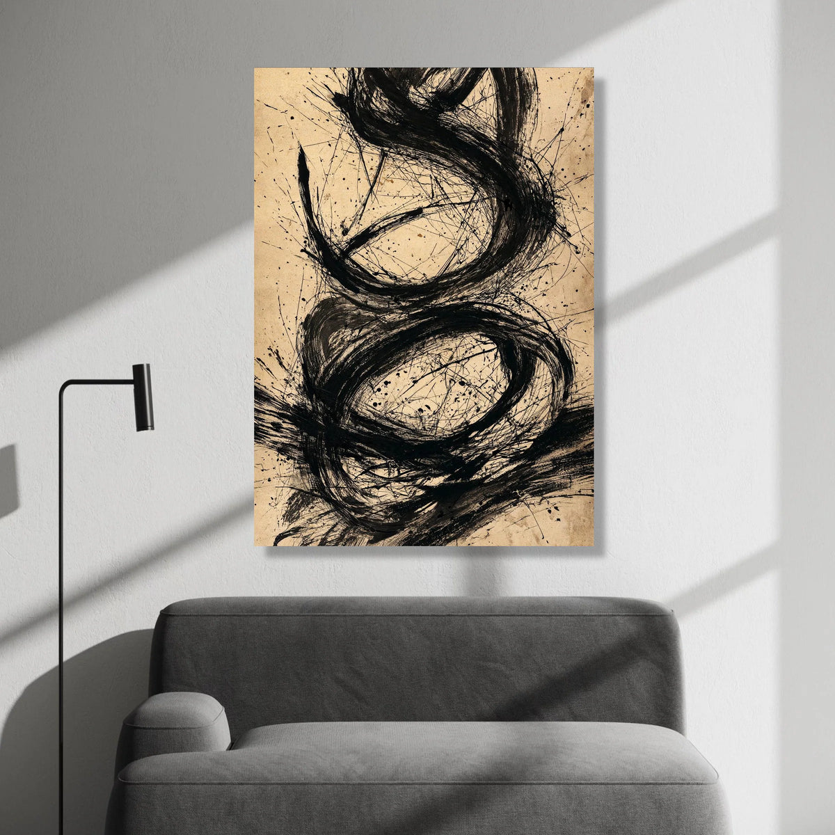 Bold Black Swirls Abstract Canvas, Modern Minimalist Wall Art, Contemporary Ink Painting on Beige, Artistic Home Decor Canvas Print Art