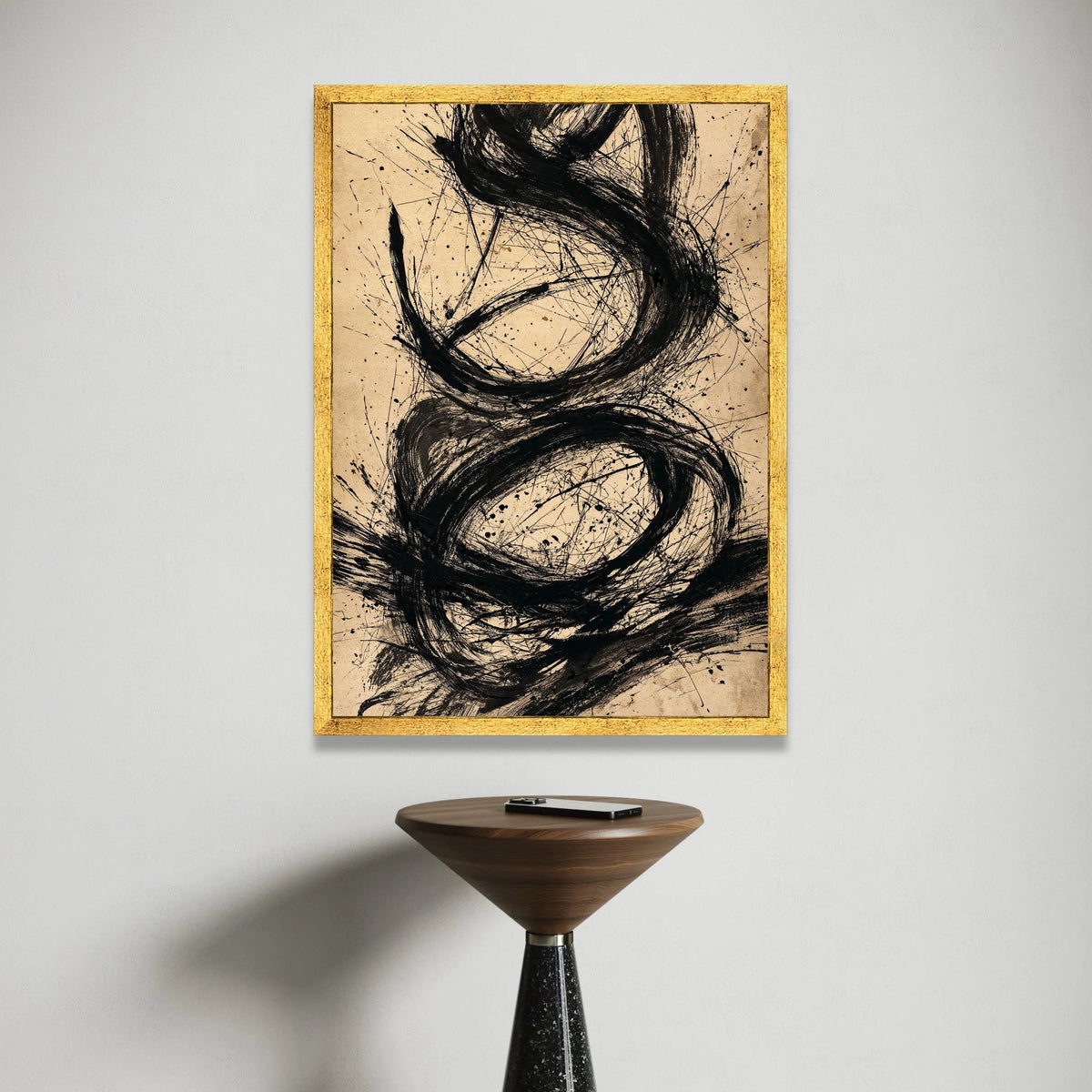Bold Black Swirls Abstract Canvas, Modern Minimalist Wall Art, Contemporary Ink Painting on Beige, Artistic Home Decor Canvas Print Art
