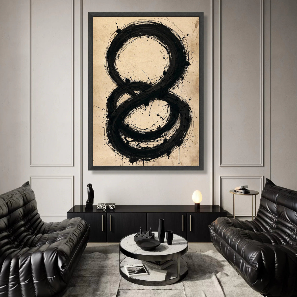 Abstract Black Circle Infinity Symbol Canvas, Modern Minimalist Wall Art, Bold Brushstroke Design, Contemporary Home Canvas Print Art