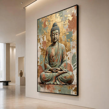 Tranquil Buddha Meditation Canvas, Spiritual Wall Art, Zen Home Decor, Abstract Gold Leaf Background, Calm Serenity Canvas Canvas Print Art