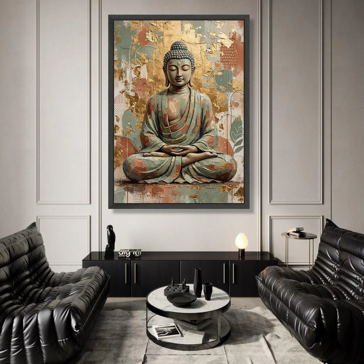 Tranquil Buddha Meditation Canvas, Spiritual Wall Art, Zen Home Decor, Abstract Gold Leaf Background, Calm Serenity Canvas Canvas Print Art