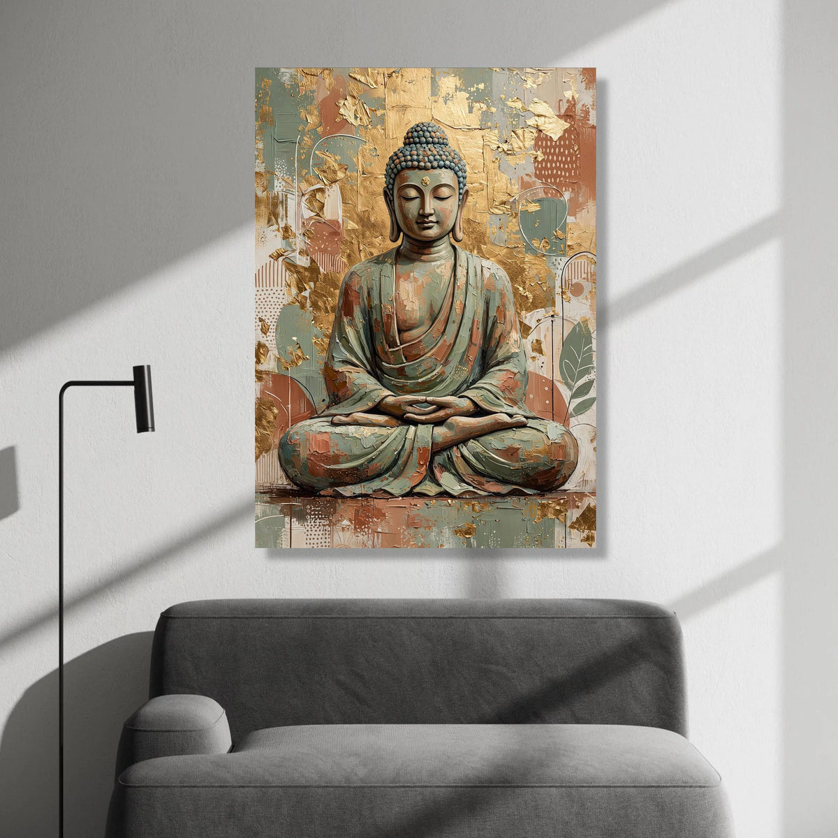 Tranquil Buddha Meditation Canvas, Spiritual Wall Art, Zen Home Decor, Abstract Gold Leaf Background, Calm Serenity Canvas Canvas Print Art