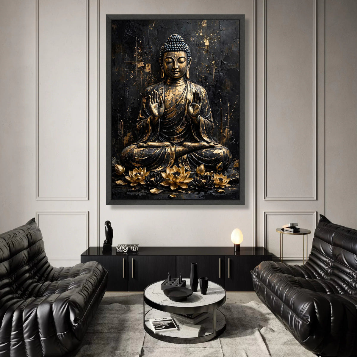 Golden Buddha Statue Canvas Wall Art, Meditation Spiritual Decor, Zen Lotus Flowers Canvas, Asian Art Print, Mindfulness Canvas Print Art
