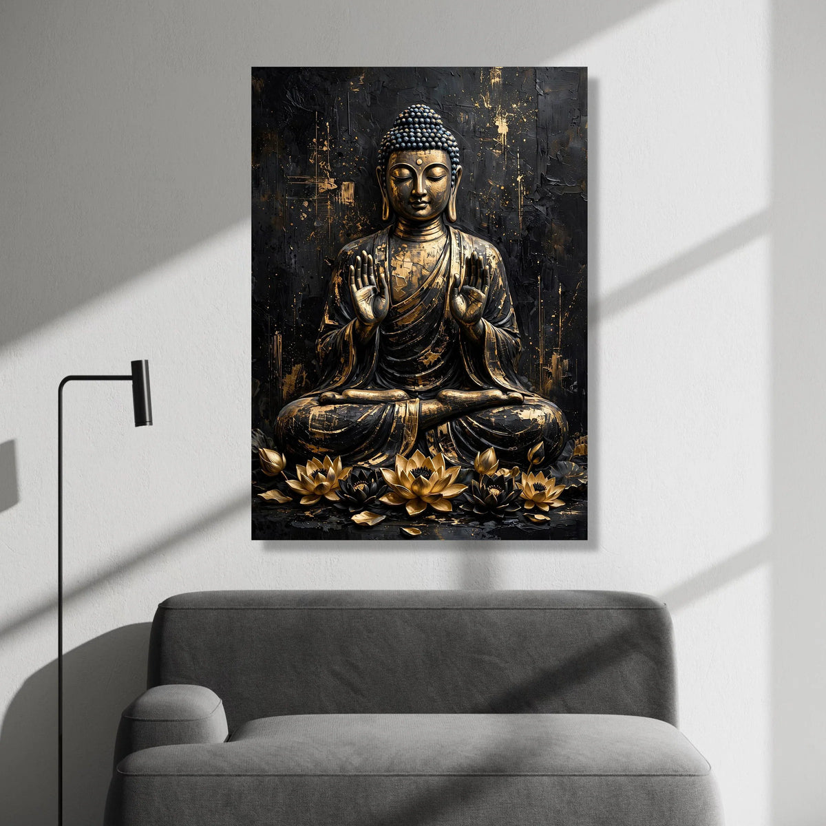 Golden Buddha Statue Canvas Wall Art, Meditation Spiritual Decor, Zen Lotus Flowers Canvas, Asian Art Print, Mindfulness Canvas Print Art