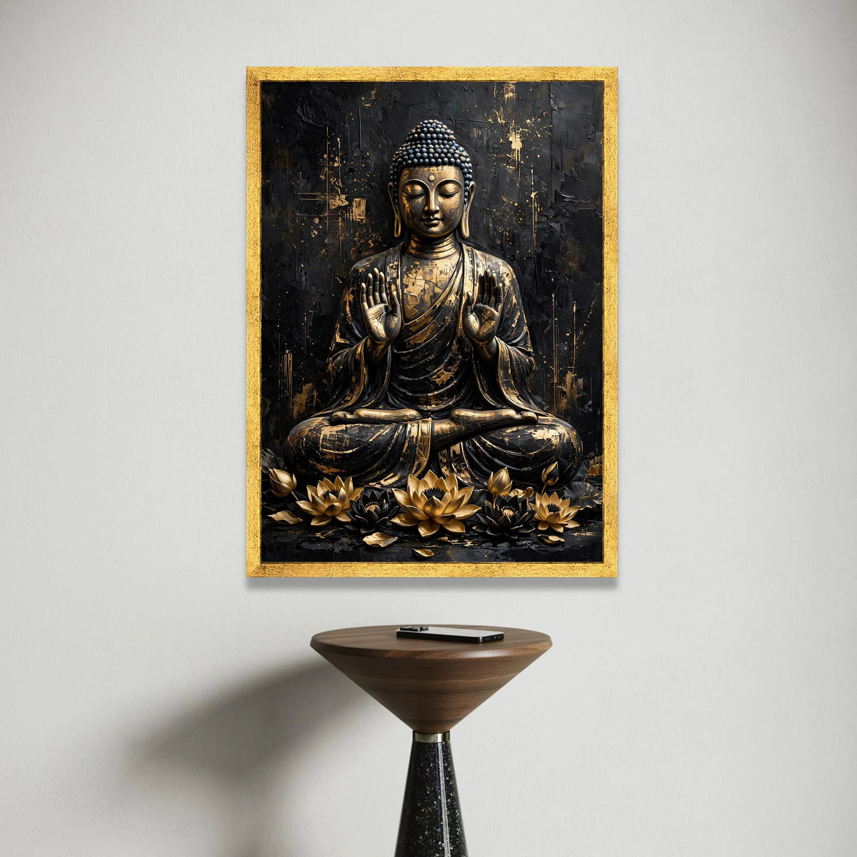 Golden Buddha Statue Canvas Wall Art, Meditation Spiritual Decor, Zen Lotus Flowers Canvas, Asian Art Print, Mindfulness Canvas Print Art