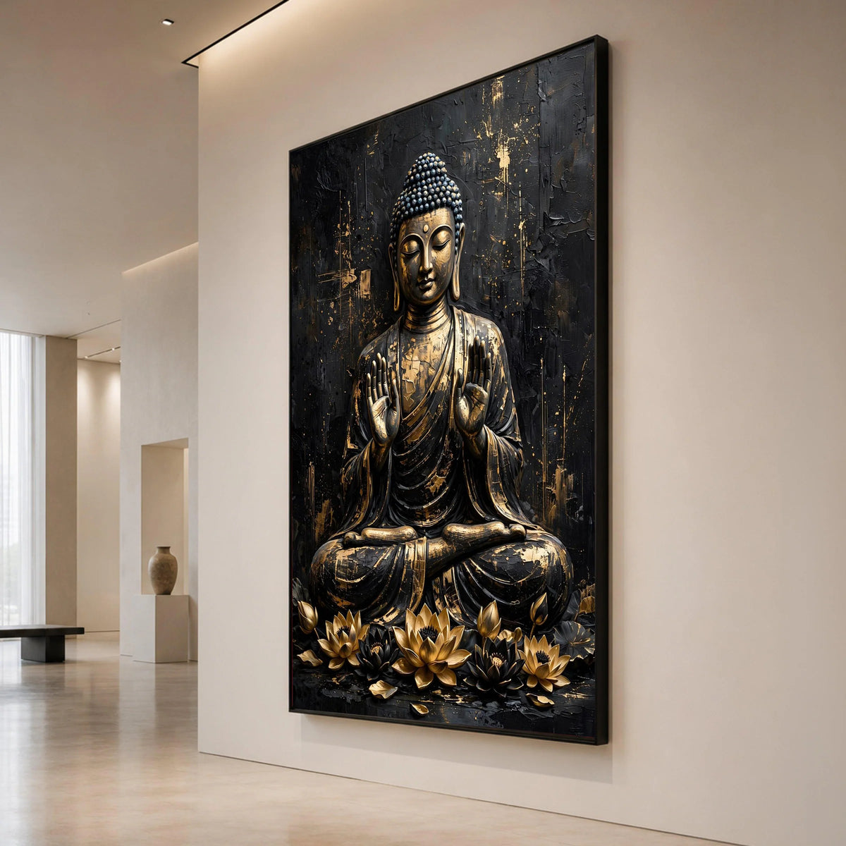 Golden Buddha Statue Canvas Wall Art, Meditation Spiritual Decor, Zen Lotus Flowers Canvas, Asian Art Print, Mindfulness Canvas Print Art