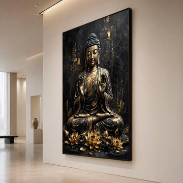 Golden Buddha Statue Canvas Wall Art, Meditation Spiritual Decor, Zen Lotus Flowers Canvas, Asian Art Print, Mindfulness Canvas Print Art