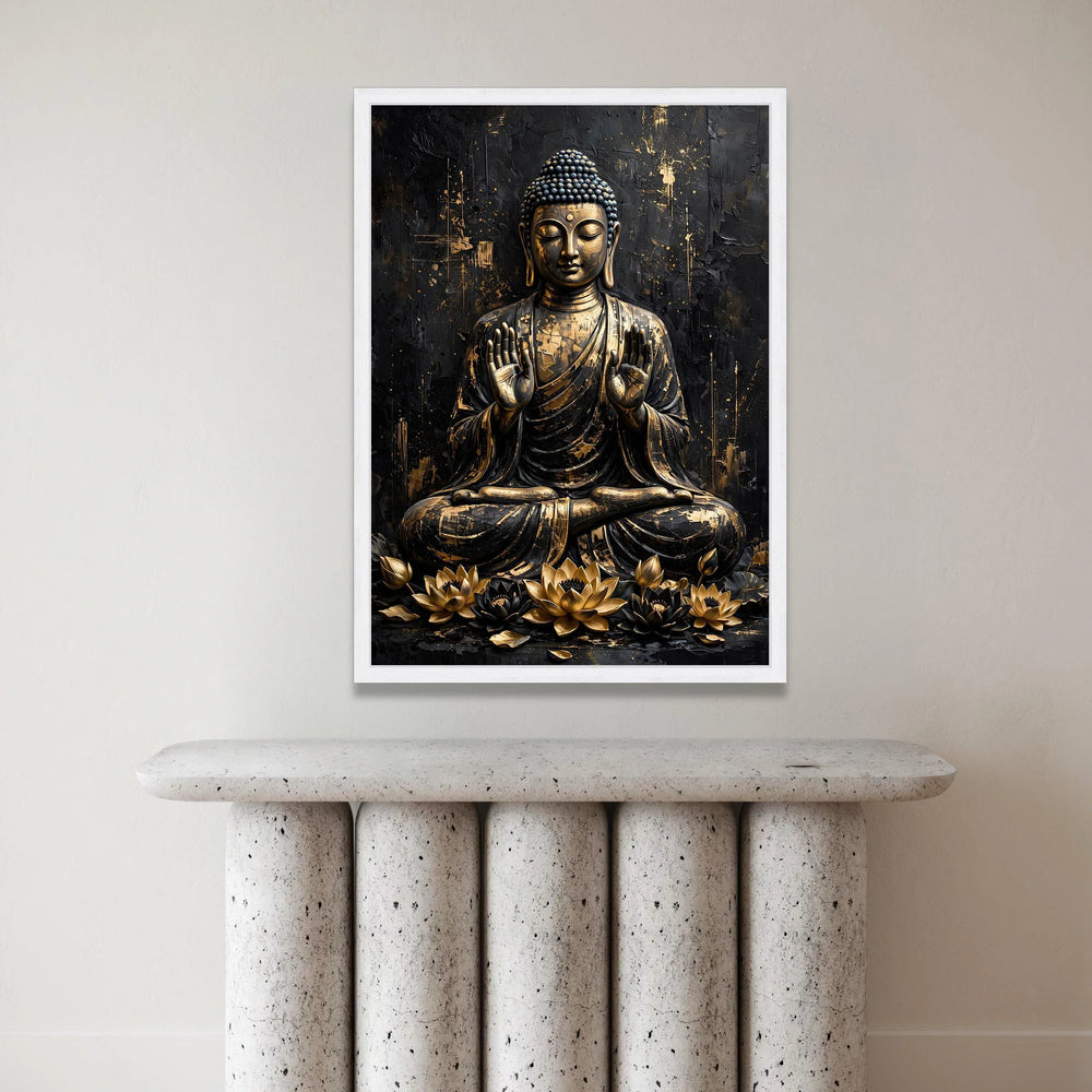 Golden Buddha Statue Canvas Wall Art, Meditation Spiritual Decor, Zen Lotus Flowers Canvas, Asian Art Print, Mindfulness Canvas Print Art