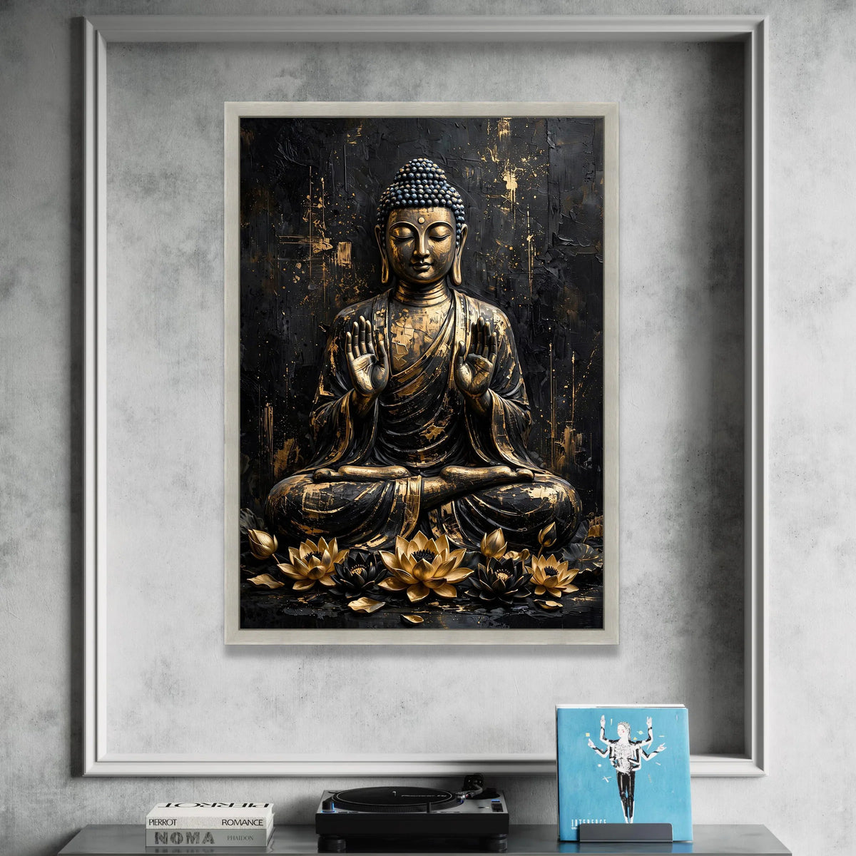 Golden Buddha Statue Canvas Wall Art, Meditation Spiritual Decor, Zen Lotus Flowers Canvas, Asian Art Print, Mindfulness Canvas Print Art