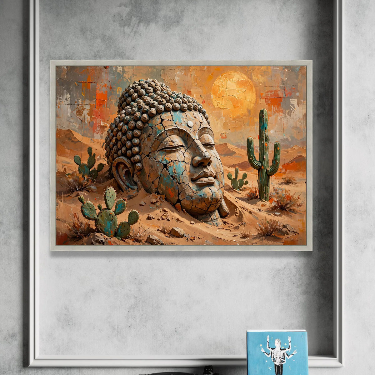 Serene Buddha Head Desert Canvas, Rustic Spiritual Wall Art, Cactus Landscape Painting, Tranquil Meditation Decor, Nature Canvas Print Art
