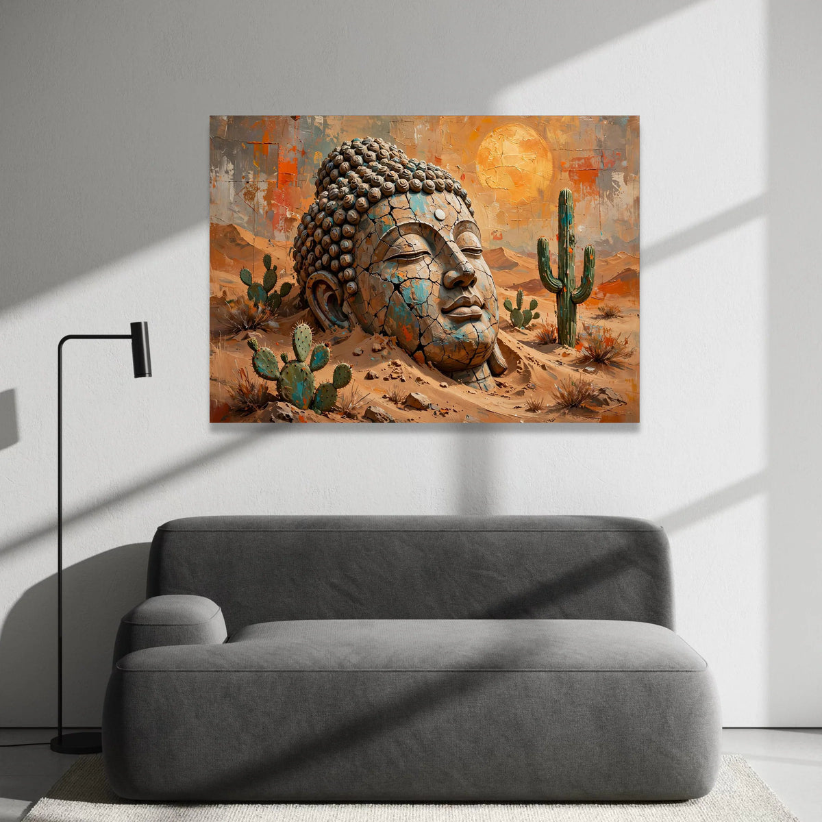 Serene Buddha Head Desert Canvas, Rustic Spiritual Wall Art, Cactus Landscape Painting, Tranquil Meditation Decor, Nature Canvas Print Art