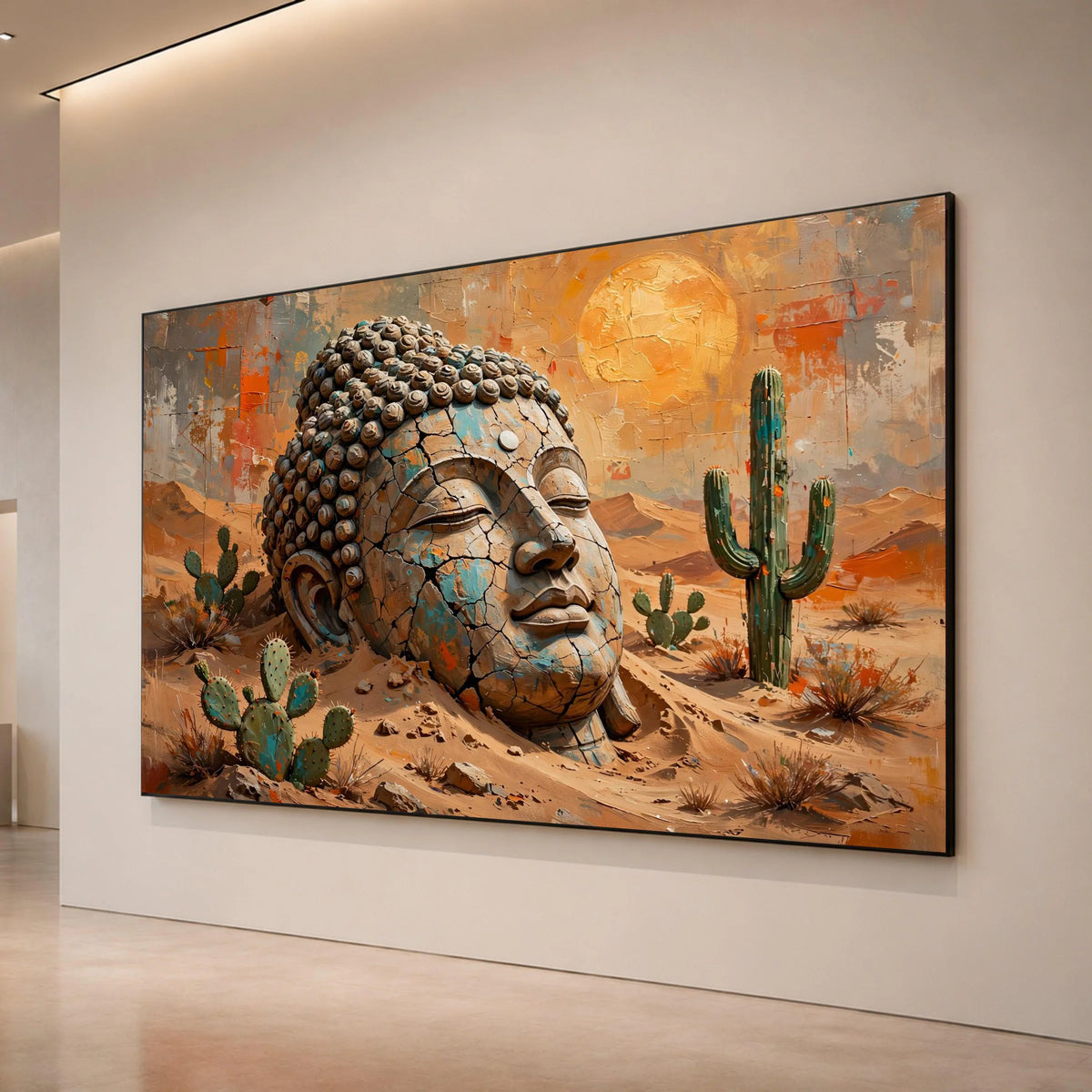 Serene Buddha Head Desert Canvas, Rustic Spiritual Wall Art, Cactus Landscape Painting, Tranquil Meditation Decor, Nature Canvas Print Art