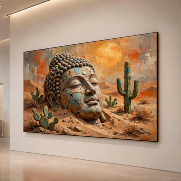 Serene Buddha Head Desert Canvas, Rustic Spiritual Wall Art, Cactus Landscape Painting, Tranquil Meditation Decor, Nature Canvas Print Art