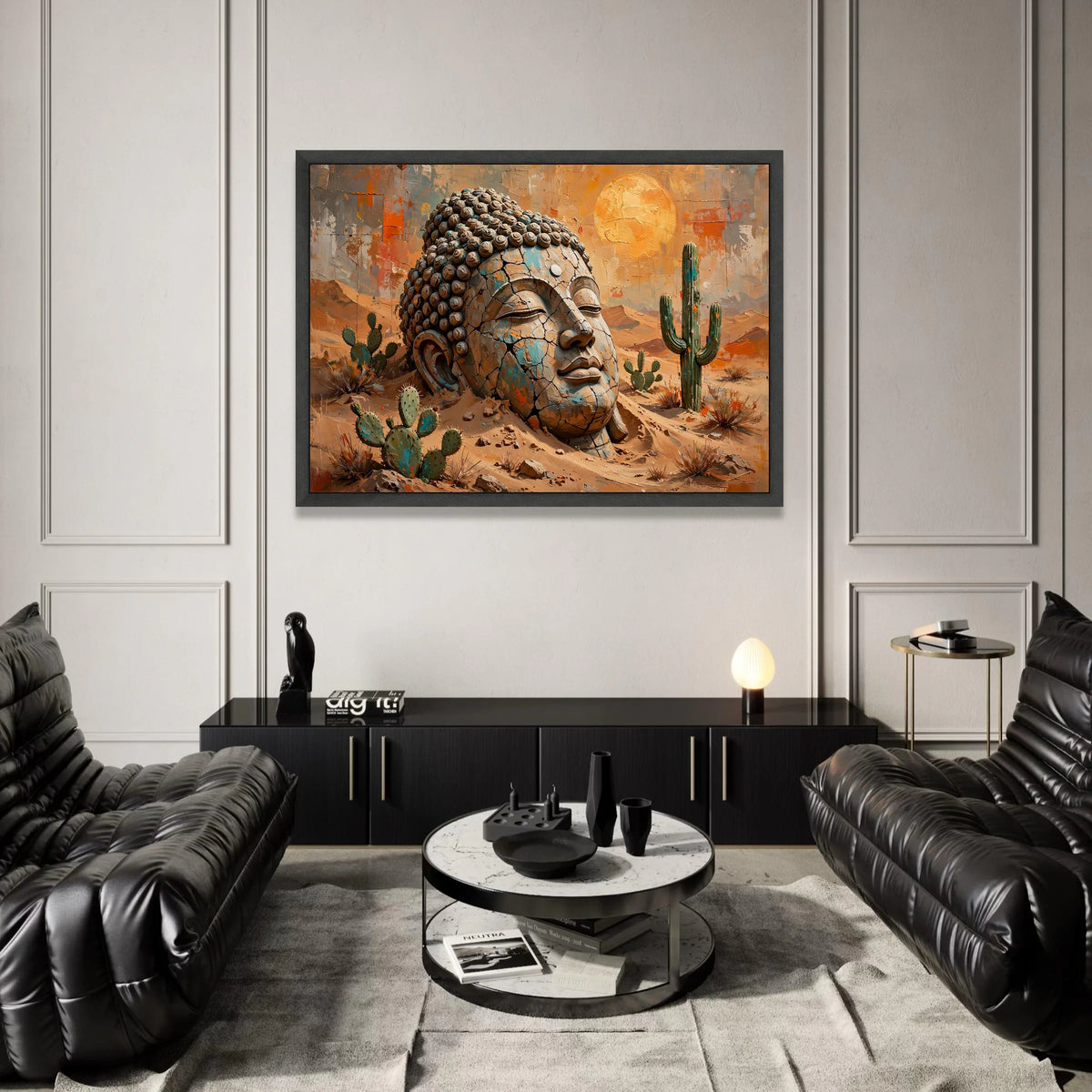 Serene Buddha Head Desert Canvas, Rustic Spiritual Wall Art, Cactus Landscape Painting, Tranquil Meditation Decor, Nature Canvas Print Art