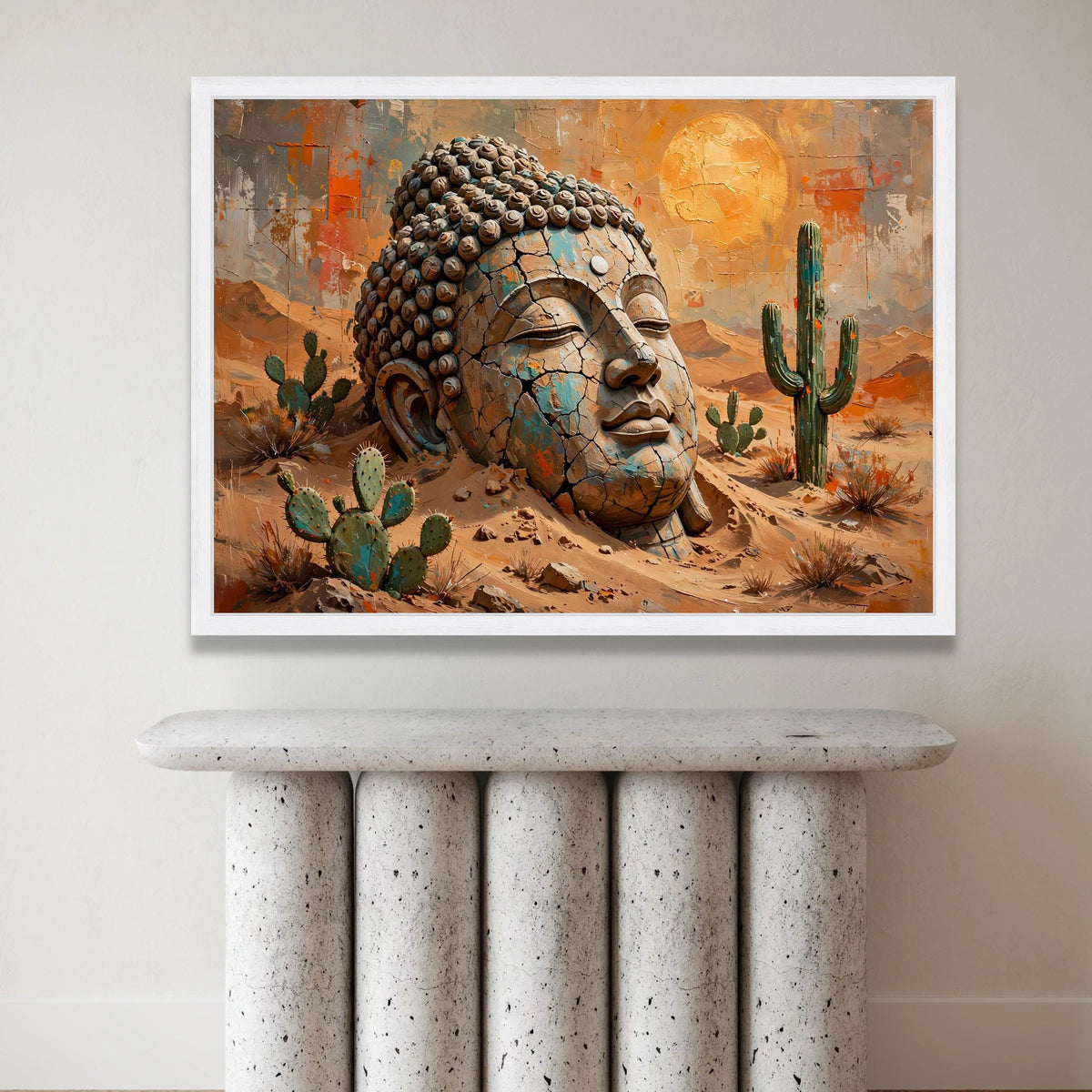 Serene Buddha Head Desert Canvas, Rustic Spiritual Wall Art, Cactus Landscape Painting, Tranquil Meditation Decor, Nature Canvas Print Art