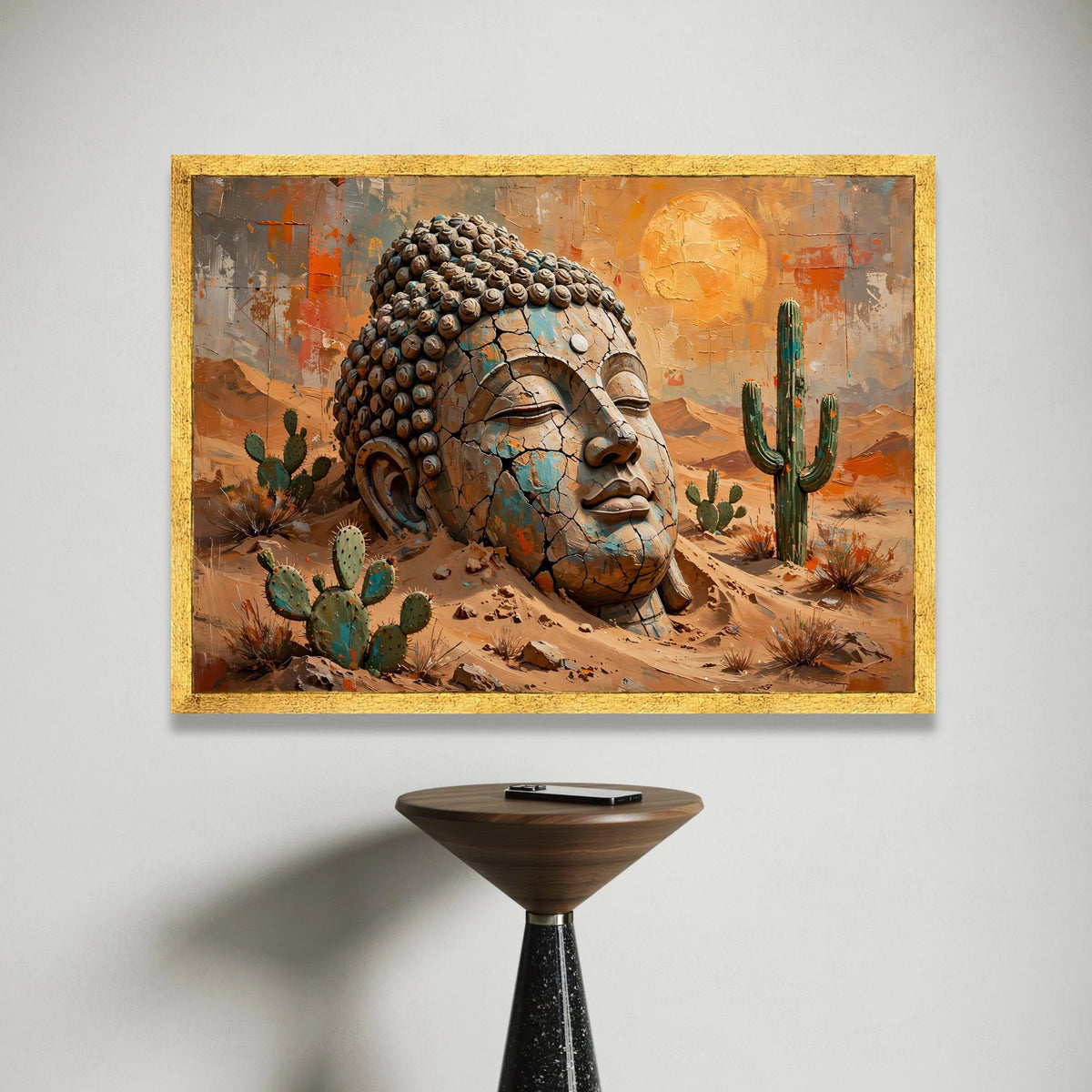 Serene Buddha Head Desert Canvas, Rustic Spiritual Wall Art, Cactus Landscape Painting, Tranquil Meditation Decor, Nature Canvas Print Art