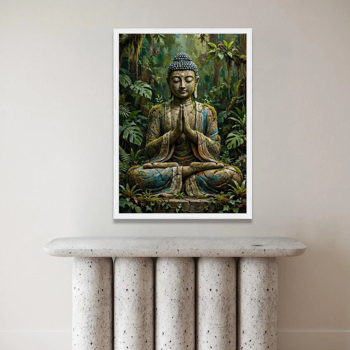 Serene Buddha Statue Canvas, Forest Meditation Wall Art, Spiritual Home Decor, Nature Buddha Canvas, Tranquil Zen Artwork Canvas Print Art