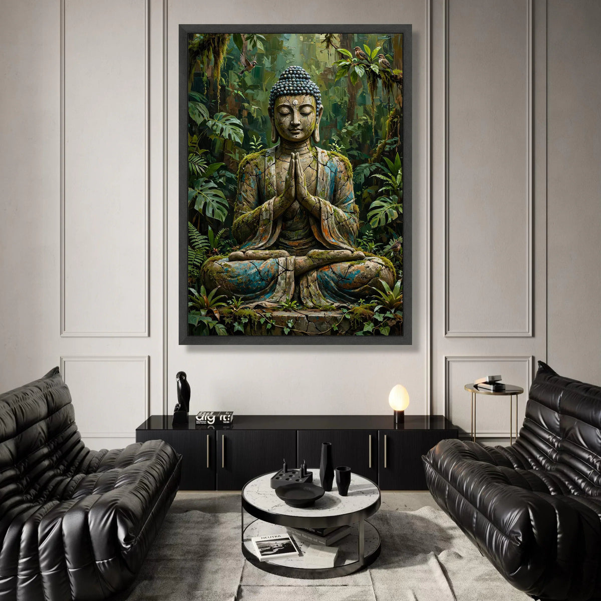Serene Buddha Statue Canvas, Forest Meditation Wall Art, Spiritual Home Decor, Nature Buddha Canvas, Tranquil Zen Artwork Canvas Print Art