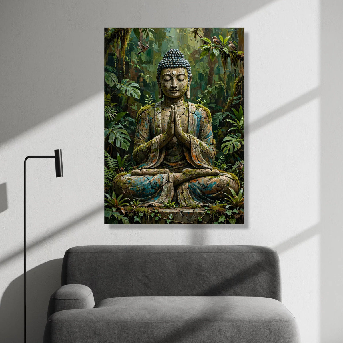 Serene Buddha Statue Canvas, Forest Meditation Wall Art, Spiritual Home Decor, Nature Buddha Canvas, Tranquil Zen Artwork Canvas Print Art