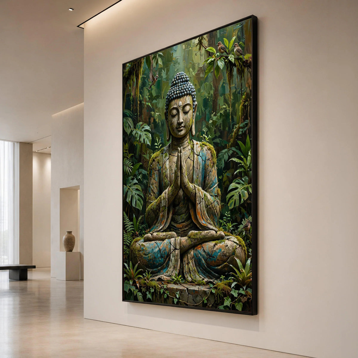 Serene Buddha Statue Canvas, Forest Meditation Wall Art, Spiritual Home Decor, Nature Buddha Canvas, Tranquil Zen Artwork Canvas Print Art