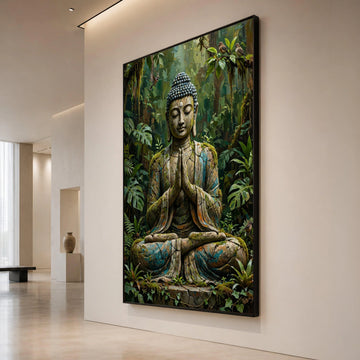 Serene Buddha Statue Canvas, Forest Meditation Wall Art, Spiritual Home Decor, Nature Buddha Canvas, Tranquil Zen Artwork Canvas Print Art