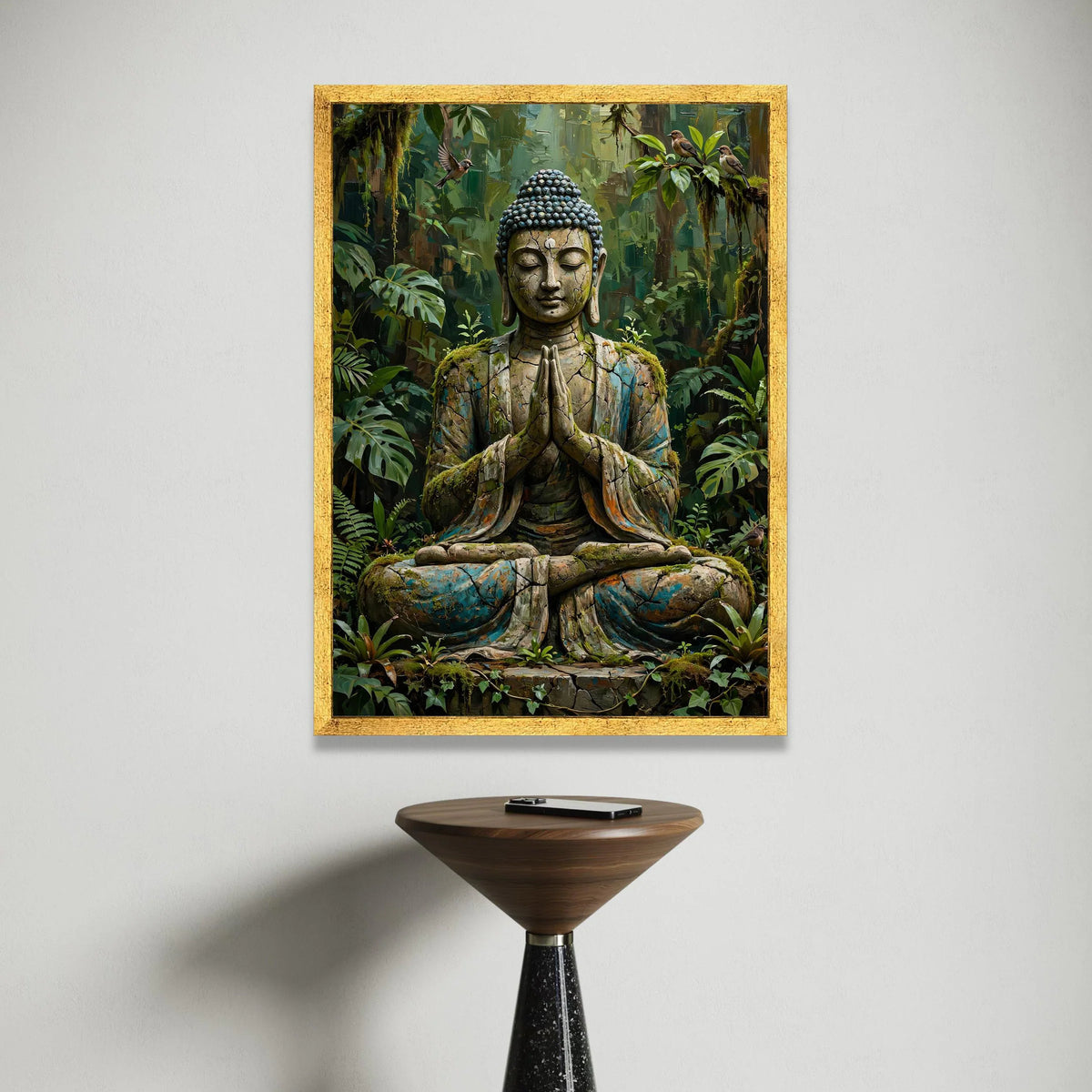 Serene Buddha Statue Canvas, Forest Meditation Wall Art, Spiritual Home Decor, Nature Buddha Canvas, Tranquil Zen Artwork Canvas Print Art