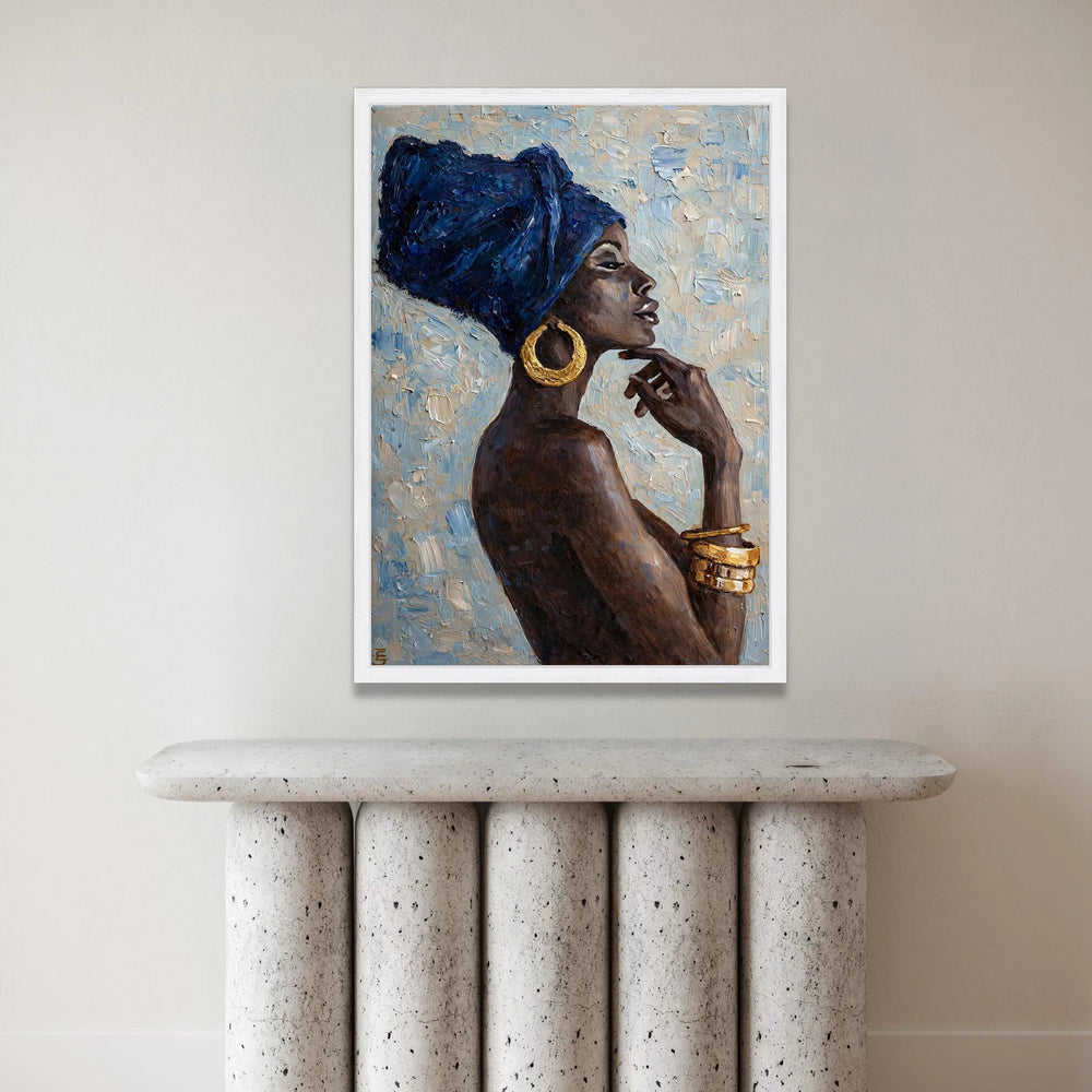 Elegant African Woman Profile Canvas, Blue Headwrap Portrait, Gold Jewelry Wall Art, Ethnic Home Decoration, Modern Canvas Canvas Print Art