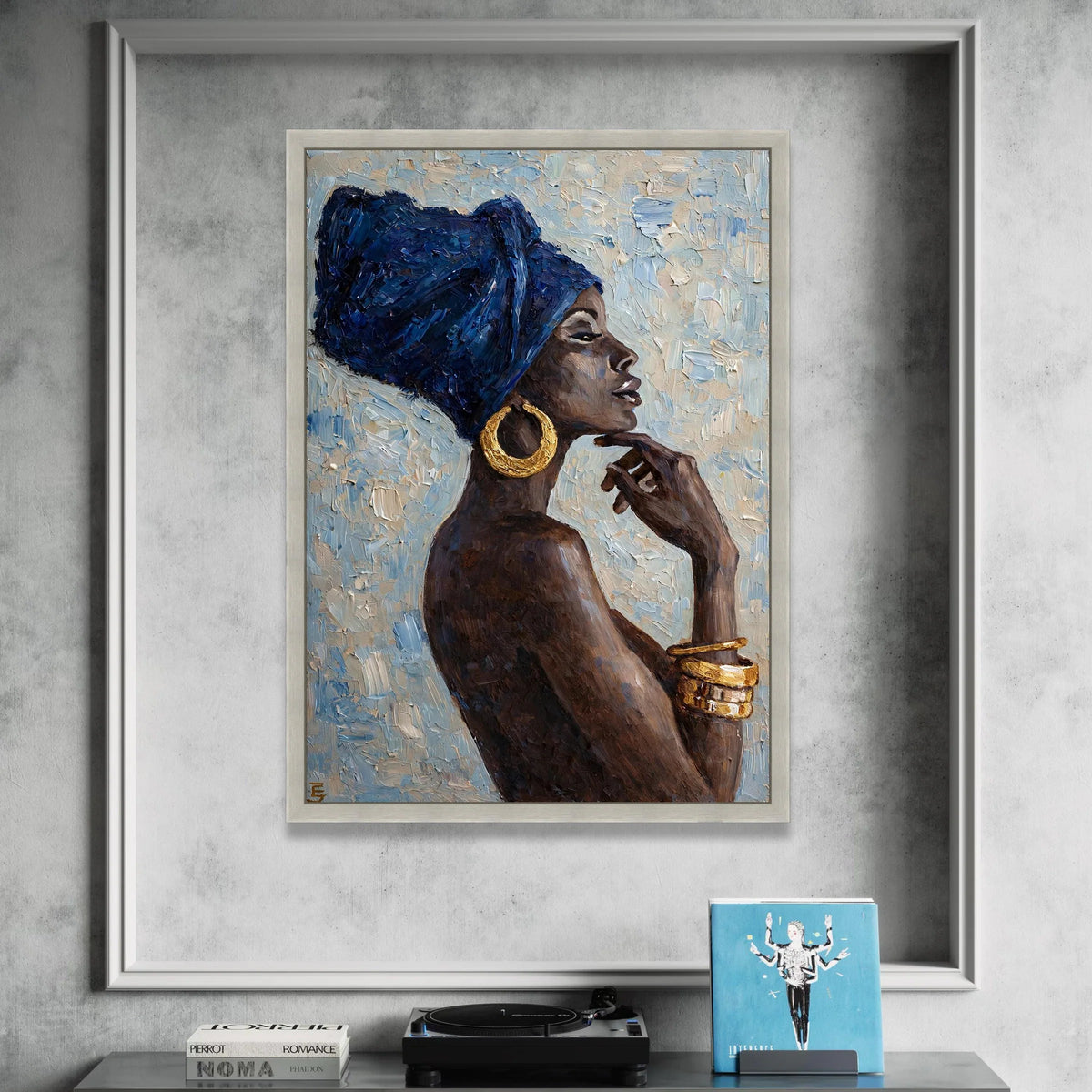 Elegant African Woman Profile Canvas, Blue Headwrap Portrait, Gold Jewelry Wall Art, Ethnic Home Decoration, Modern Canvas Canvas Print Art
