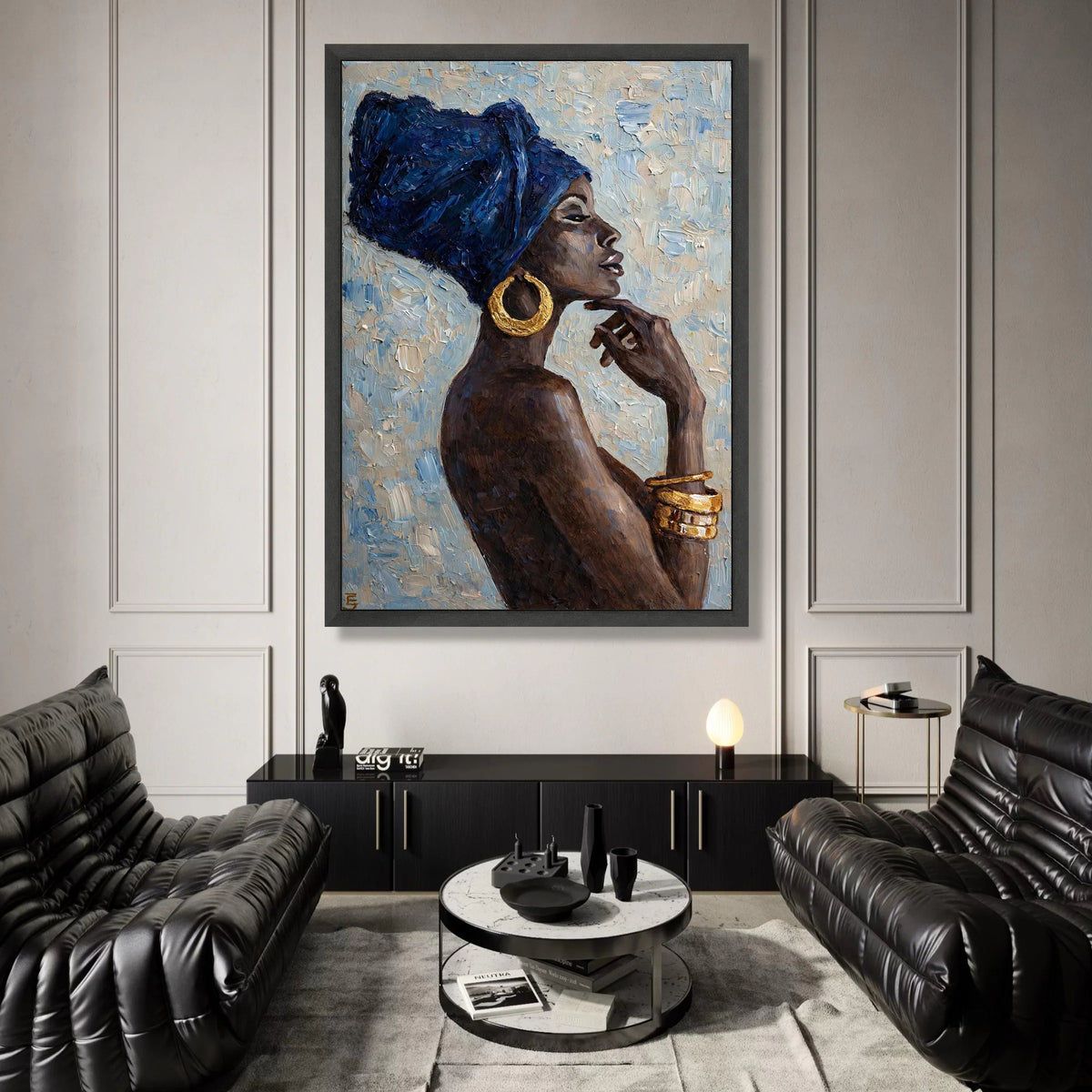 Elegant African Woman Profile Canvas, Blue Headwrap Portrait, Gold Jewelry Wall Art, Ethnic Home Decoration, Modern Canvas Canvas Print Art