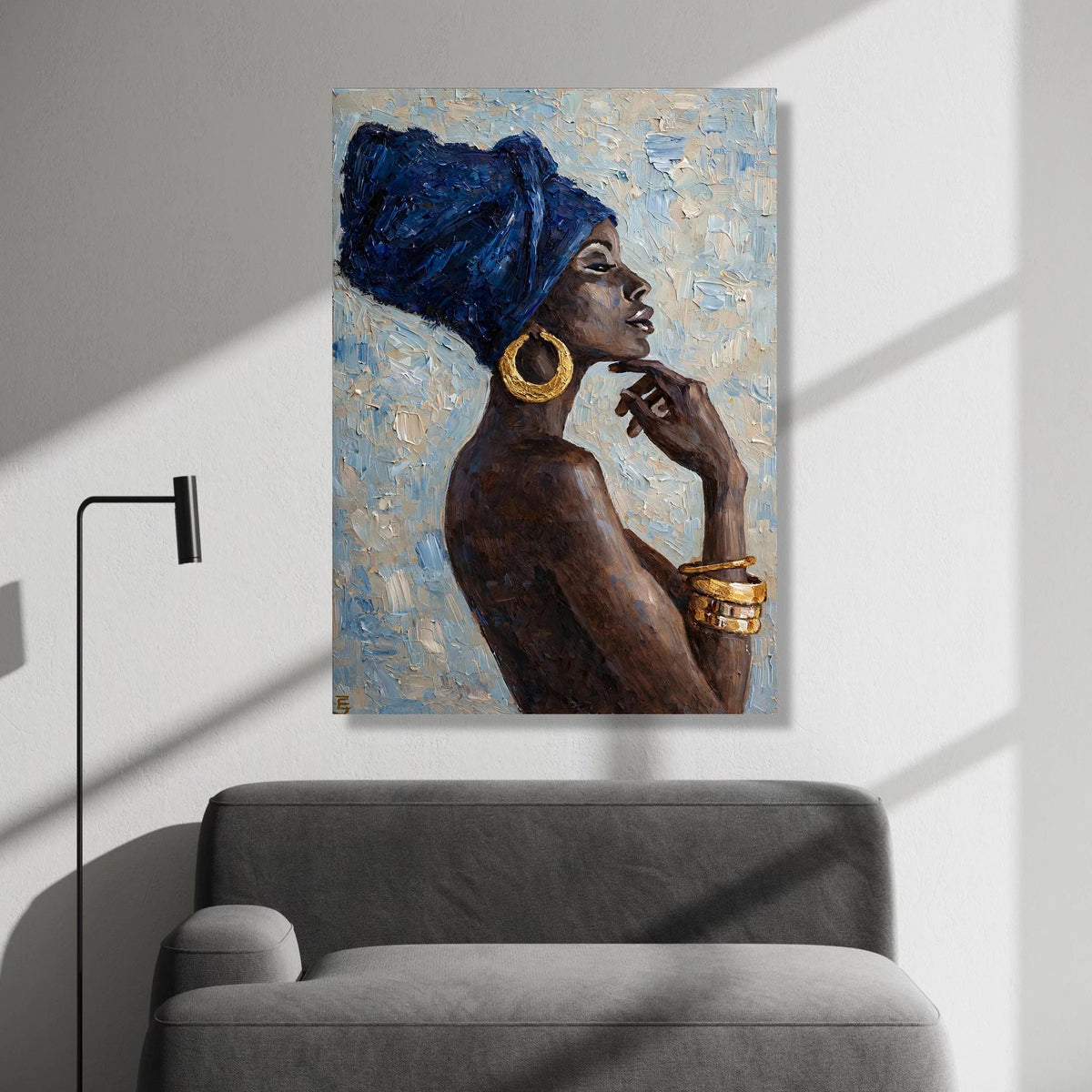 Elegant African Woman Profile Canvas, Blue Headwrap Portrait, Gold Jewelry Wall Art, Ethnic Home Decoration, Modern Canvas Canvas Print Art