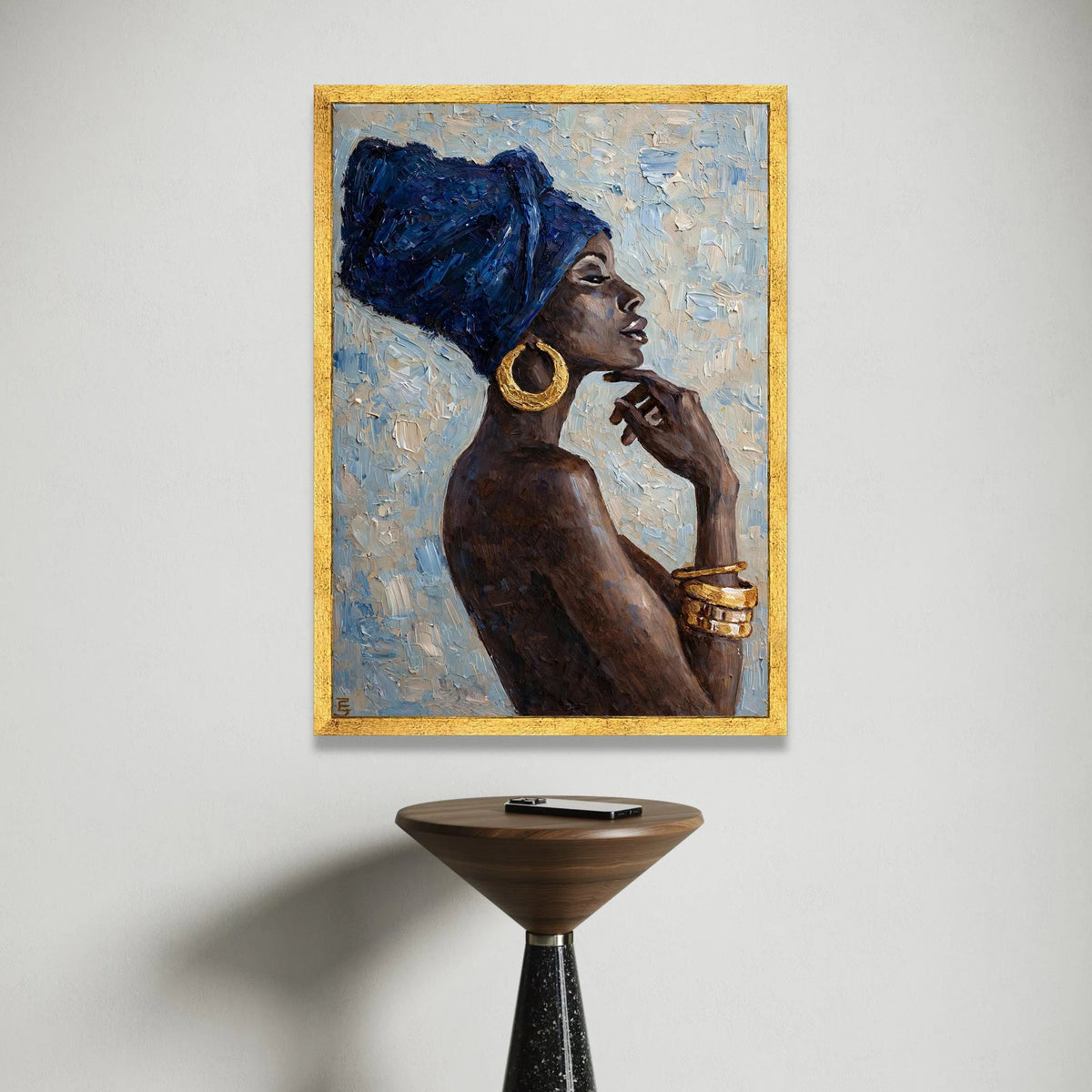 Elegant African Woman Profile Canvas, Blue Headwrap Portrait, Gold Jewelry Wall Art, Ethnic Home Decoration, Modern Canvas Canvas Print Art