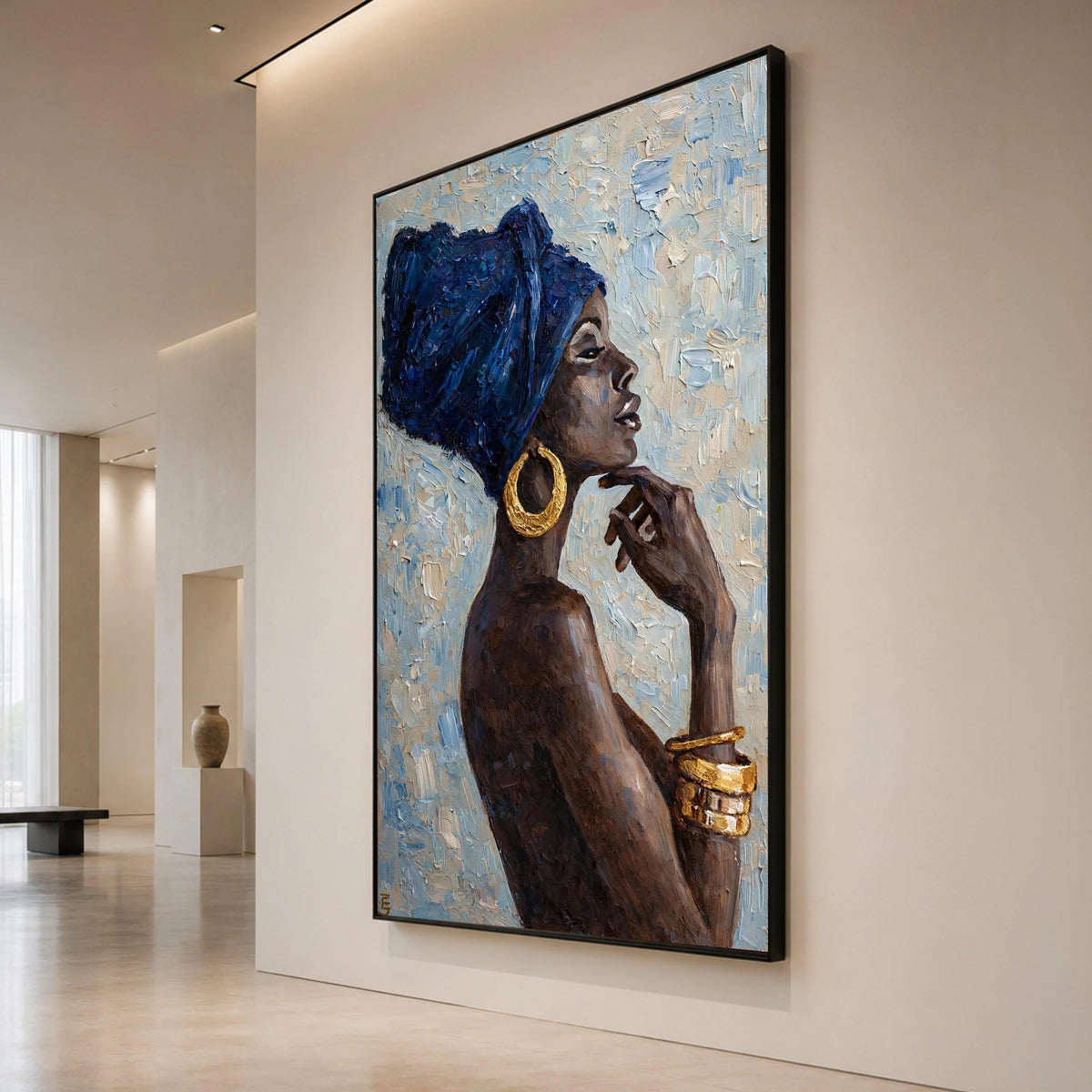 Elegant African Woman Profile Canvas, Blue Headwrap Portrait, Gold Jewelry Wall Art, Ethnic Home Decoration, Modern Canvas Canvas Print Art