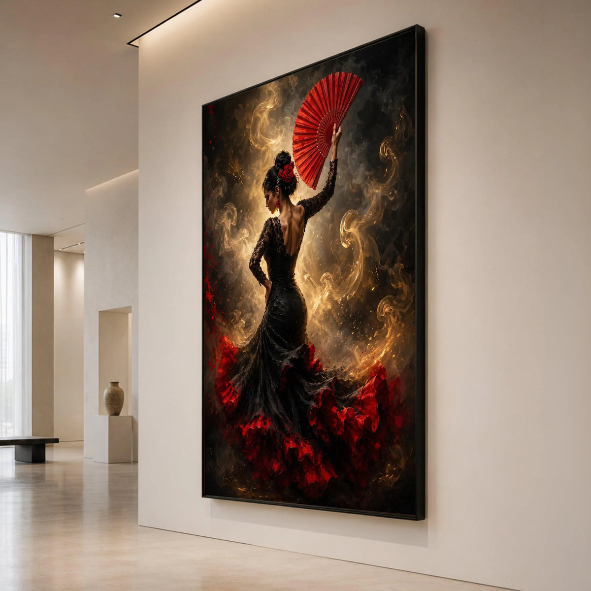 Flamenco Dancer with Red Fan Canvas, Spanish Dance Art, Elegant Woman Portrait, Black and Red Dress Canvas, Dynamic Wall Canvas Print Art